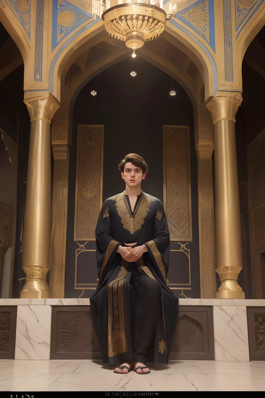 Year: 11th century. Location: Isfahan. Pre-raphaelite scene with a 21-year-old english man, with a black caftan, in a luxurious marble palace, ((pleading for mercy)) in front of the throne, audience with the king, ((look of wonder)), ((((11th century plain caftan)))) ((11th century hairstyle)), (((cinematic style)))