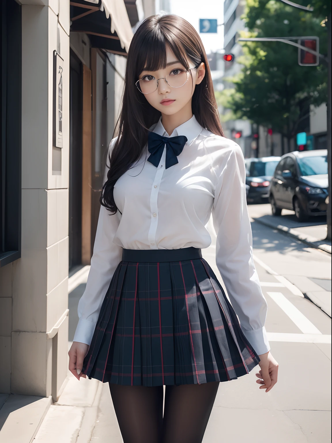 (Underwear is visible),(Twin-tailed)、((Narrow-eyed))、(8K、Raw photography、top-quality、masterpiece:1.2),((small tits))、((small tits))、((small tits))、((small tits))、((small tits))、((A-cup))、((A-cup))、((A-cup))、((A-cup))、((A-cup))、Has a small、(flat breast)、(flat breast)、(flat breast)、(flat breast)、(flat breast)、(being thin)、Dark look、Rasping,glamor,Chromo-white skin,cocky,School,watching at viewers,Looking at the front,Muchimuchi,High-pitched clothing,Erotic,Pupils,de pele branca,kne,((Black pantyhose)),absurderes,a small face,,Forehead visible,Bangs hanging from the left and right sides of the forehead,(a cold expression,Tight eyes,glares,Bullish,irate)、masterpiece,top-quality、超A high resolution,Raw photo,ren,Beautiful fece,One Person, 独奏,eye glass,,Dark look,Small breasts,fullllbody,Round glasses,JK school uniform,hi-school girl,A Japanese Lady,is standing,(Photorealsitic:1.37)、Photon mapping,Realistic、Beautie,Cute little face,Brown-eyed、Black socks、(Red bow tie)、Radio City、Physically Based Rendering、depth of fields、Blurry background、a picture,Body,beauty legs, Long legs, Thin leg,(Bangs are visible), hair, s lips, Blue_The eye, nosesoft,(Light blue shirt), (Navy and blue and white plaid pleated skirt), Knees are visible,Sheer clothing,, Thigh, Black cotton socks,Nogizaka Idol, 女優, Japanese ido