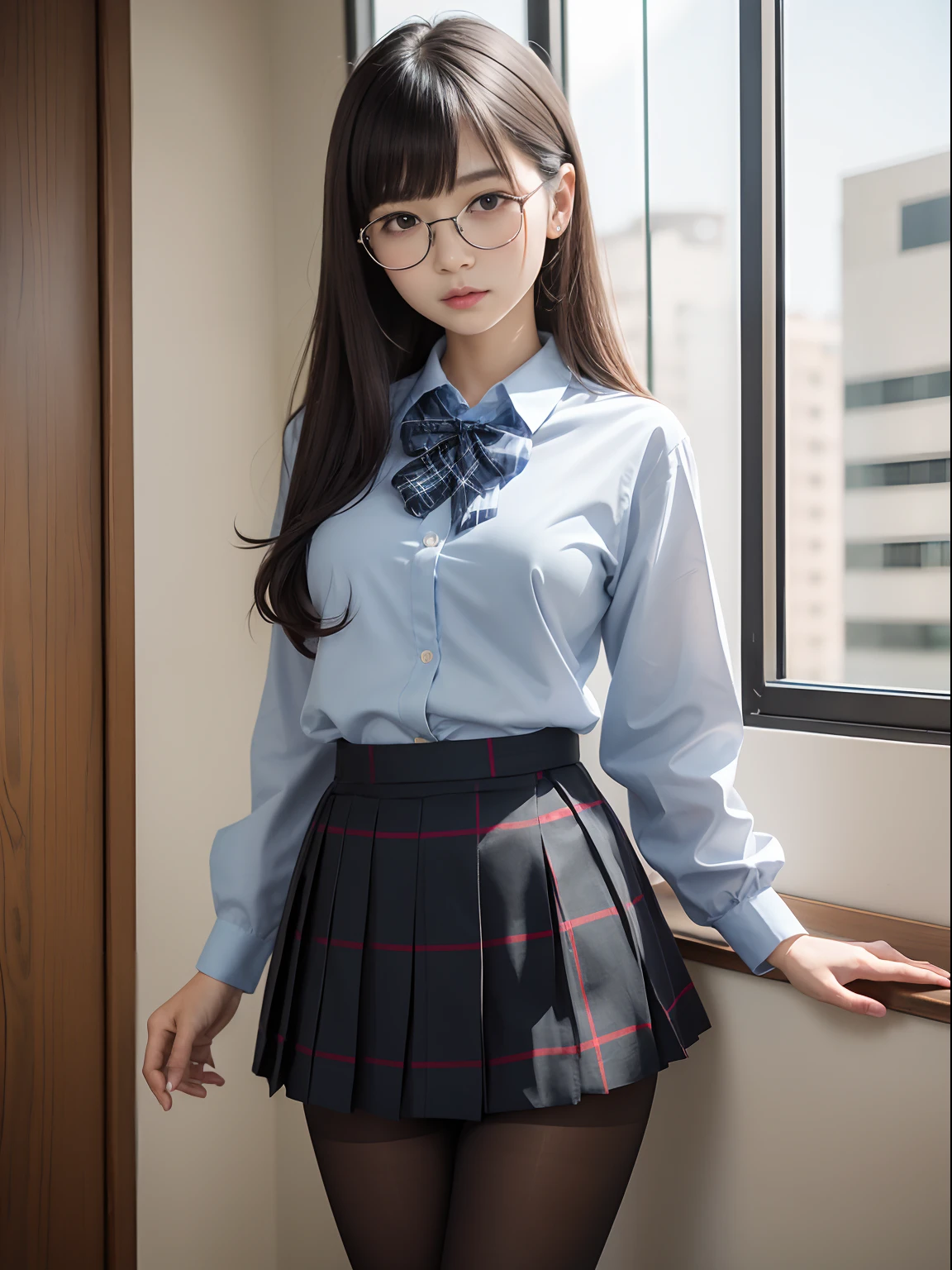 (Underwear is visible),(Twin-tailed)、((Narrow-eyed))、(8K、Raw photography、top-quality、masterpiece:1.2),((small tits))、((small tits))、((small tits))、((small tits))、((small tits))、((A-cup))、((A-cup))、((A-cup))、((A-cup))、((A-cup))、Has a small、(flat breast)、(flat breast)、(flat breast)、(flat breast)、(flat breast)、(being thin)、Dark look、Rasping,glamor,Chromo-white skin,cocky,School,watching at viewers,Looking at the front,Muchimuchi,High-pitched clothing,Erotic,Pupils,de pele branca,kne,((Black pantyhose)),absurderes,a small face,,Forehead visible,Bangs hanging from the left and right sides of the forehead,(a cold expression,Tight eyes,glares,Bullish,irate)、masterpiece,top-quality、超A high resolution,Raw photo,ren,Beautiful fece,One Person, 独奏,eye glass,,Dark look,Small breasts,fullllbody,Round glasses,JK school uniform,hi-school girl,A Japanese Lady,is standing,(Photorealsitic:1.37)、Photon mapping,Realistic、Beautie,Cute little face,Brown-eyed、Black socks、(Red bow tie)、Radio City、Physically Based Rendering、depth of fields、Blurry background、a picture,Body,beauty legs, Long legs, Thin leg,(Bangs are visible), hair, s lips, Blue_The eye, nosesoft,(Light blue shirt), (Navy and blue and white plaid pleated skirt), Knees are visible,Sheer clothing,, Thigh, Black cotton socks,Nogizaka Idol, 女優, Japanese ido