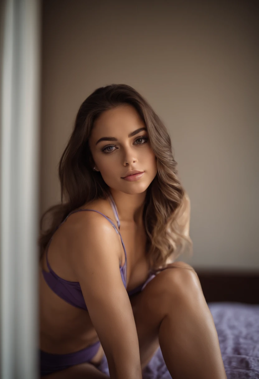arafed woman with matching tank top and panties, sexy girl with brown eyes, portrait sophie mudd, brown hair and large eyes, selfie of a young woman, bedroom eyes, violet myers, without makeup, natural makeup, looking directly at the camera, face with artgram, subtle makeup, stunning full body shot, in bedroom, cleavage