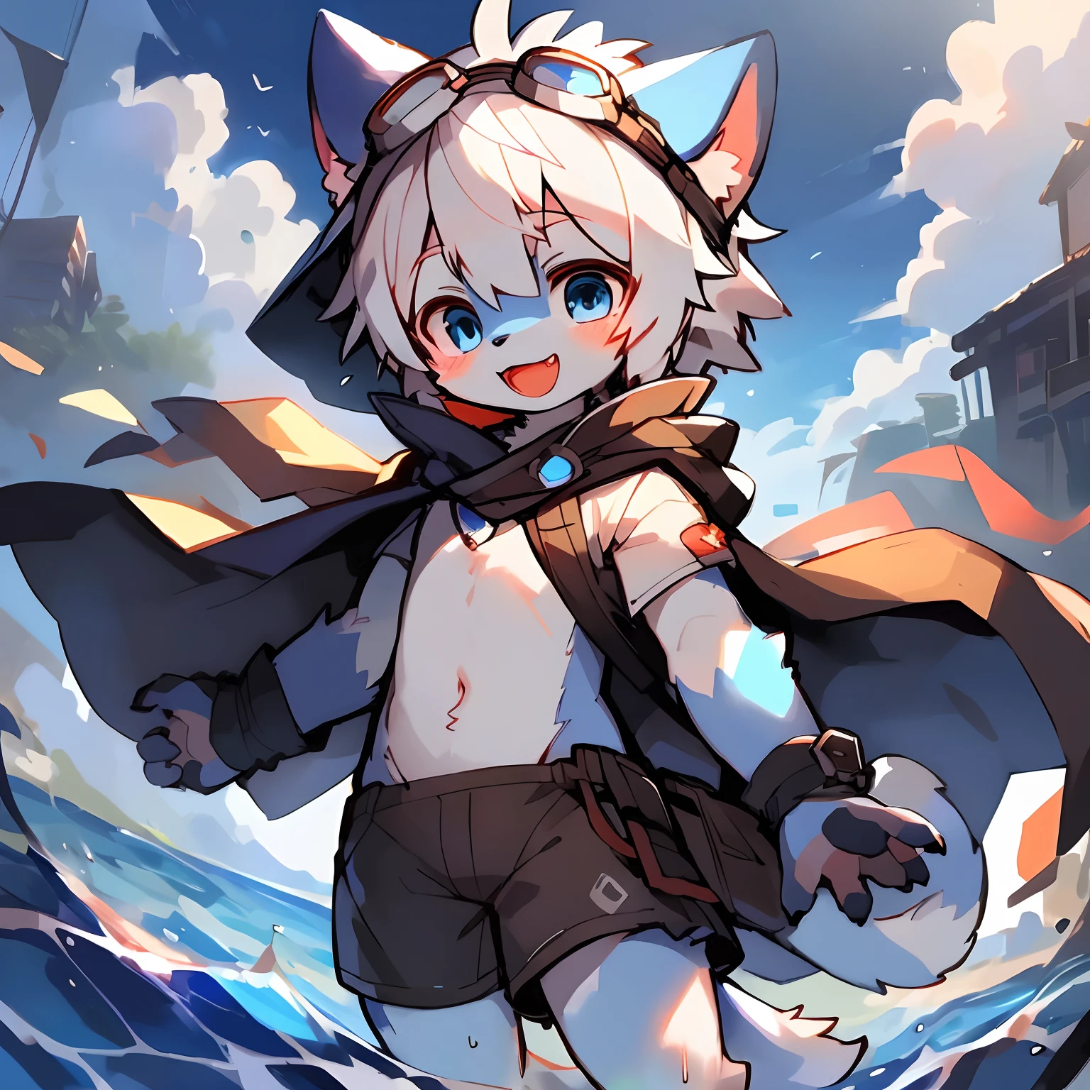 masterpiece, high quality portrait, 16k, furry,( White_hair, blue eyes, blue fur:1.2), cub, solo boy, cloak, goggles, laughing,skin_fang, shorts, windy, posing, ears down, infinite water, full shot,by kuroisumi, yupa,kiyosan