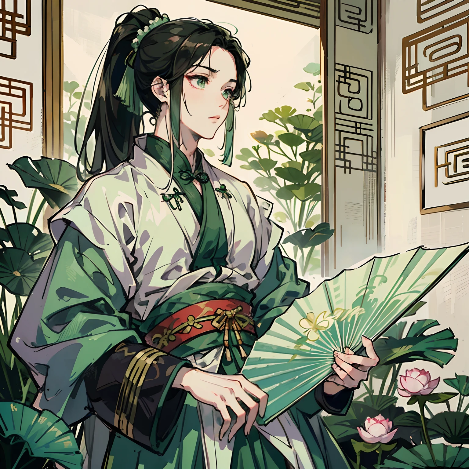 Masterpiece, Excellent, Daytime, 1 Man, Chinese Style, Ancient China, Chinese Court, lotus, Black Hair, green Eyes, Split Hair, Long Hair, Long Bangs, High Ponytail, Handsome, sad, Gentle, Tall, Quiet, Light Clothes, pale green Clothes, silver green Clothes, Prince, hand fan, Looking Down