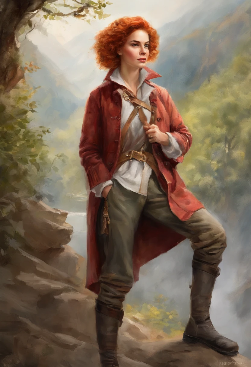 (Highest resolution, distinct_image) Excellent, Masterpiece, High detail, Semi-realistic, Dishonor 2, A very beautiful woman, Solo, Normal handsome posture, Short red hair, Golden eyes, Indifferent expression, 18 years old, Young, Tall and strong , White and red military uniforms, trousers, military pants, army boots, army suit, Military academy, self-assured, Serious, High cold and proud, Standing on a cliff, Overlooking