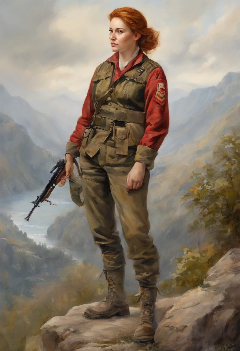 (Highest resolution, distinct_image) Excellent, Masterpiece, High detail, Semi-realistic, Dishonor 2, A very beautiful woman, Solo, Normal handsome posture, Short red hair, Golden eyes, Indifferent expression, 18 years old, Young, Tall and strong , White and red military uniforms, trousers, military pants, army boots, army suit, Military academy, self-assured, Serious, High cold and proud, Standing on a cliff, Overlooking