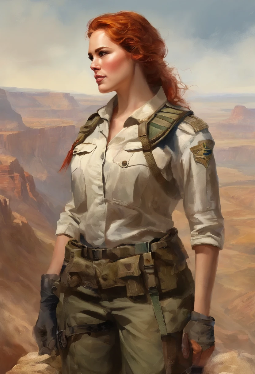 (Highest resolution, distinct_image) Excellent, Masterpiece, High detail, Semi-realistic, Dishonor 2, A very beautiful woman, Solo, Normal handsome posture, Short red hair, Golden eyes, Indifferent expression, 18 years old, Young, Tall and strong , White and red military uniforms, trousers, military pants, army boots, army suit, Military academy, self-assured, Serious, High cold and proud, Standing on a cliff, Overlooking