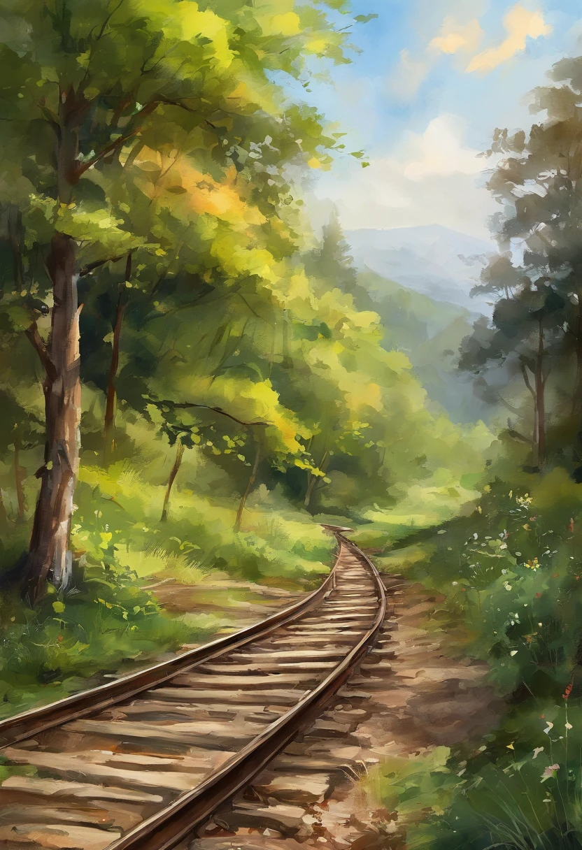 There is a beauty standing on the train tracks, with signs, landscape artwork, Anime background art, lofi art, Detailed view – width 672, scenery art detailed, Loepfe Art Style, beautiful anime landscape, made with anime painter studio, background artwork, Anime country landscape, Beautiful art UHD 4 K, Anime art wallpaper 8 K, Anime landscape