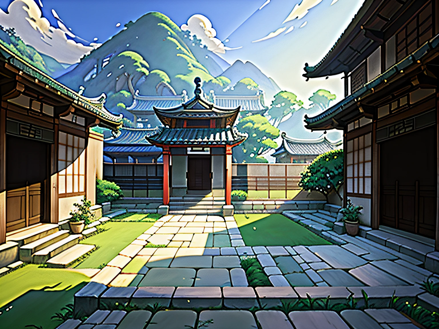 Ancient Chinese rural courtyard, Close-up, , Landscape background, Shadows, Contrast, Makoto Shinkai (Best quality:1.3), (A high resolution:1) Studio Ghibli-inspired art, Impressionism,