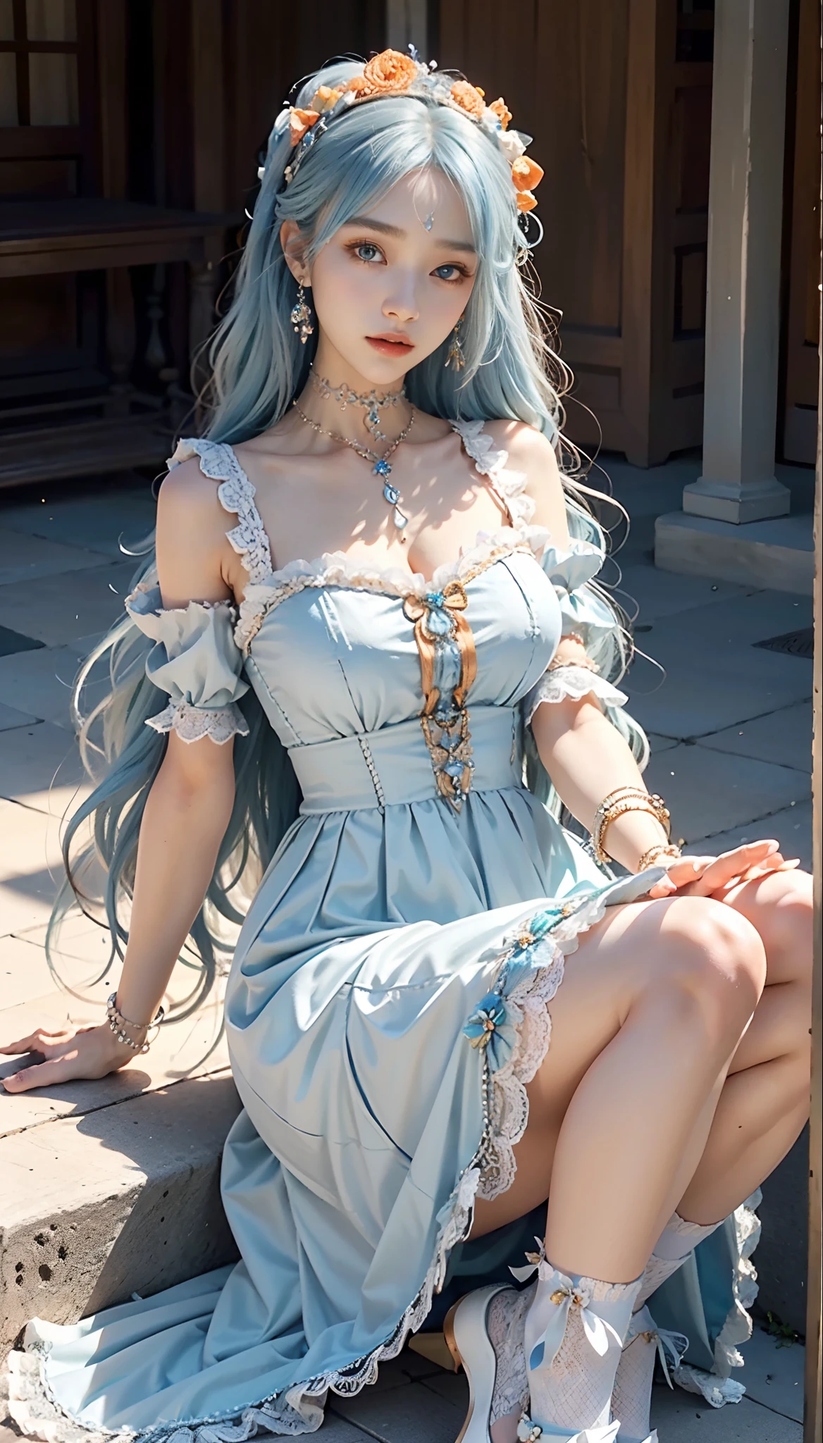 meticulous portrayal of face,1 noblewoman,(Lace orange ta maxi dress),(Long flowing light blue hair),Exquisite jewelry all over the body,Collar,Anklets,head chain,Lace-trimmed socks,(Lolihoes), s the perfect face, perfect hand, Perfect Finger, Perfect lips, perfect eyes,Extremely normal body, Perfect background