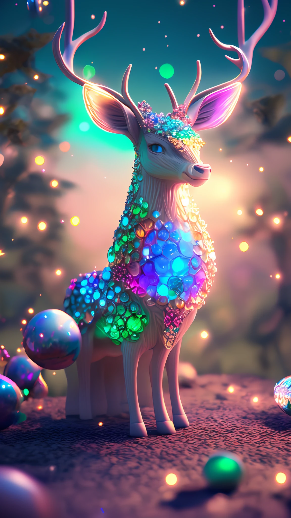 holy light, crystal deer, extremely detailed 3d animation, symmetrical center, forest background, flashing, bri ght, super clear, transparent, focused light, optics, sur realism, magic, fantasy, composition, rainbow color and starry sky s ky, popular in art station, pearls, 8k, hd, circular ornament