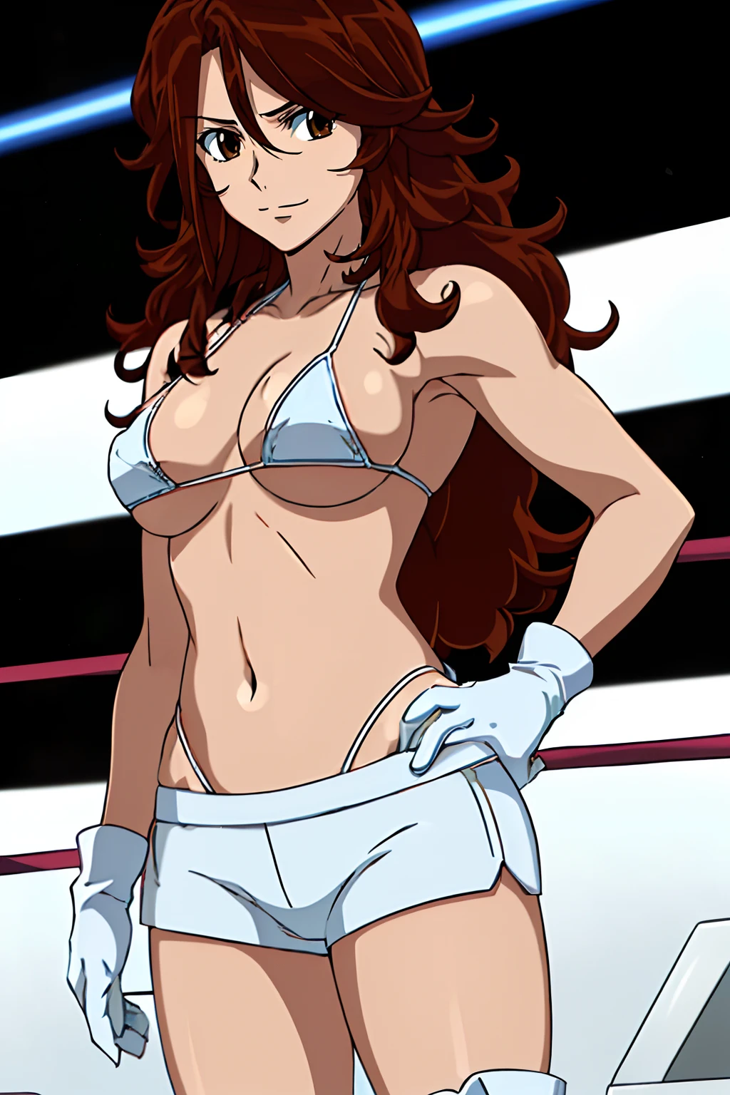 cowboy shot, upper body view, anime style: 1.8, anime drawing, ultra detailed face, ultra detailed body, 4k, Sumergai Lee Noriega, (standing), best quality, anime style, hires, highest definition, digital blending, bold drawing lines, ((slender body, female wrestler), (location: wrestling arena, crowds watching), (weak body, slender body, broad shoulders, slim arms, little biceps, thighs), ((white micro bikini, shorts, groin, white boots, white gloves, collar)), victorious, winner, smile, , (big breasts), (big eyes, brown eyes), (warming up), (brown hair, loose hair, curly hair, wavy hair, long hair, missy hair), 27 years old, tilting body