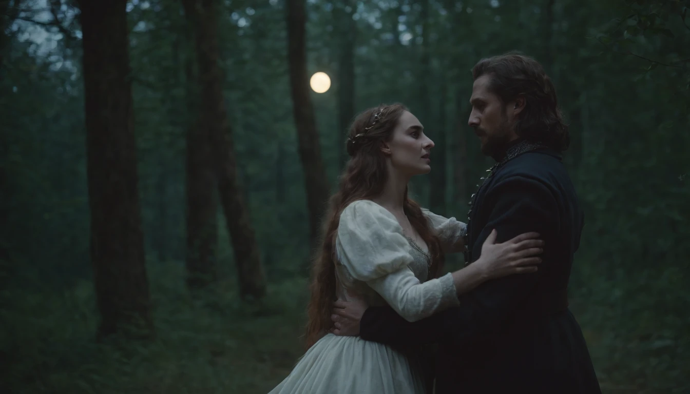 medieval Hungary, a medieval vampire-like man dances with a young beautiful girl in the forest at dark night beneath a large moon, eerie, mystical, cinematic scene from film