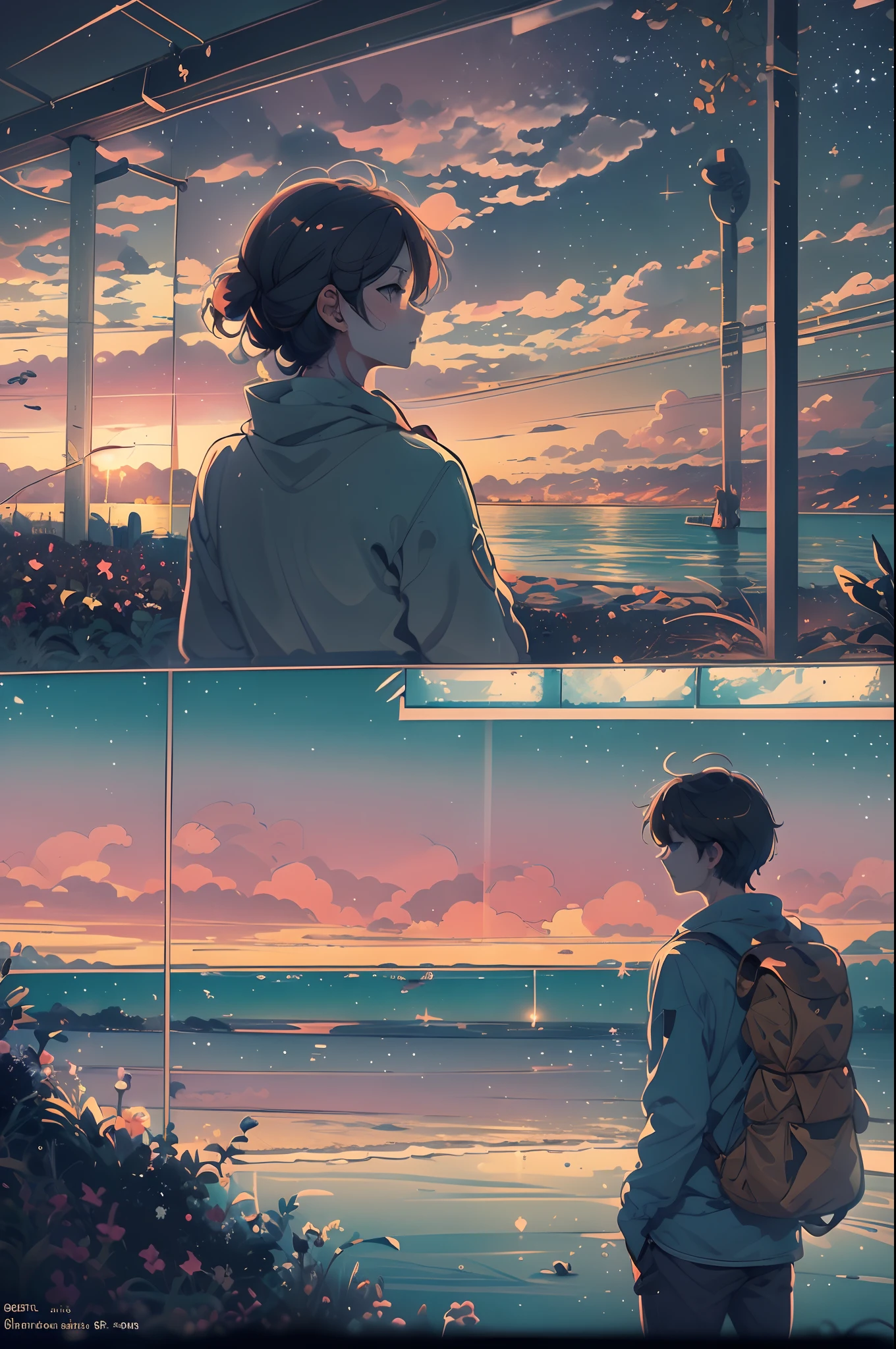 comic strip，Cartoon Split，Exceptional，Storyboard，Masterpiece, Anime college student standing by the sea, Bright starry sky. romantic couple, Makoto Shinkai's picture, Pisif, concept-art, Lofi art style, Reflection. By Makoto Shinkai, Lofi art, beautiful anime scenes, Anime landscape, Detailed scenery —width 672, in the style of makoto shinkai, Makoto Shinkai's style, Enhanced detail.