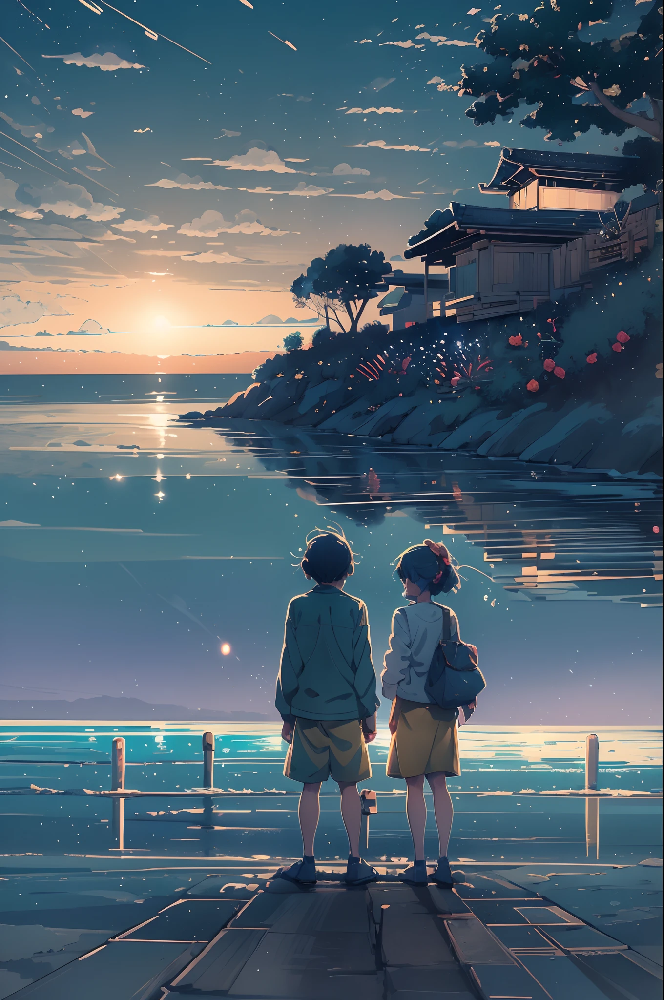 comic strip，Cartoon Split，Exceptional，Storyboard，Masterpiece, Anime college student standing by the sea, Bright starry sky. romantic couple, Makoto Shinkai's picture, Pisif, concept-art, Lofi art style, Reflection. By Makoto Shinkai, Lofi art, beautiful anime scenes, Anime landscape, Detailed scenery —width 672, in the style of makoto shinkai, Makoto Shinkai's style, Enhanced detail.