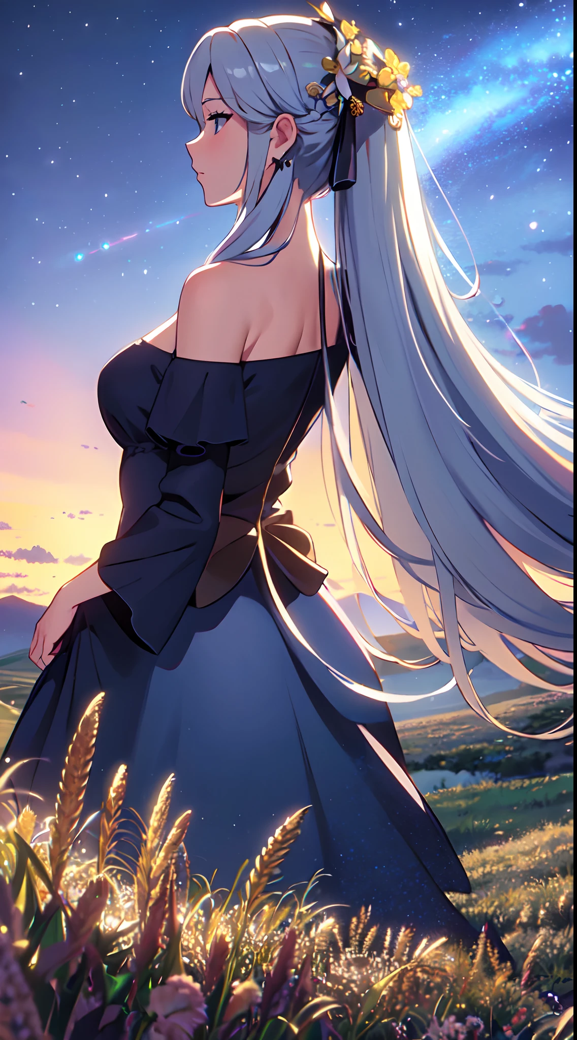 masterpiece, best quality, 1lady, solo, (really long hair), white hair, (flowers hair ornament), earrings, night, Vast sky, beautiful skyline, fireflies, fantasy, off shoulder blue dress, medium bust, night scenery, (behind/back view), wheat field, close up