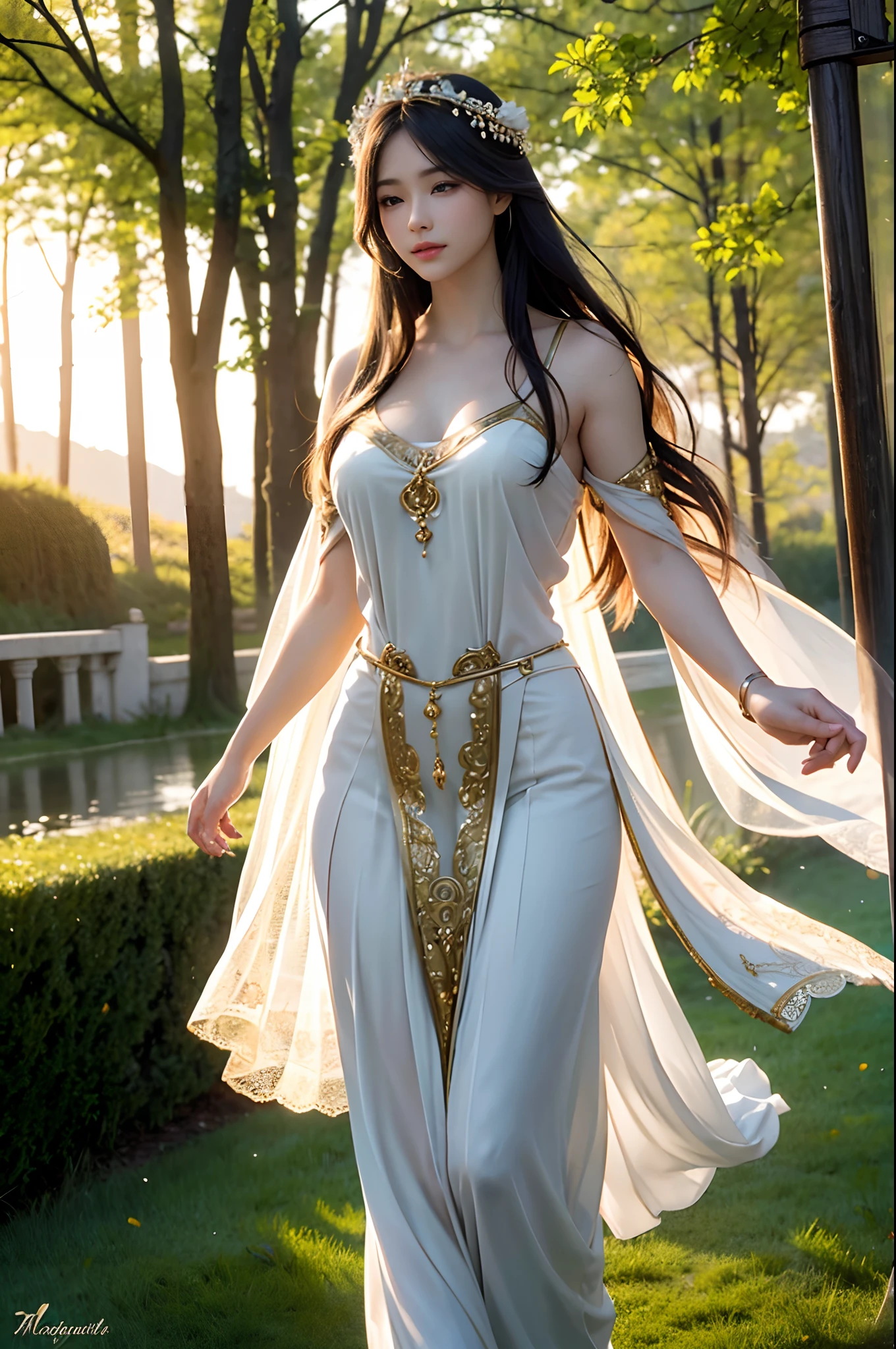 (best quality,4k,8k,highres,masterpiece:1.2),ultra-detailed,(realistic,photorealistic,photo-realistic:1.37),goddess,divine beauty,majestic aura,ethereal presence,radiant and glowing skin,piercing and alluring eyes,graceful and delicate features,flowing golden hair,goddess-like costume,sunlit heavenly garden with vibrant flowers and lush greenery,soft and warm natural lighting,serene and tranquil atmosphere,whispering wind and gentle breeze,subtle and harmonious color palette,ethereal music in the background.