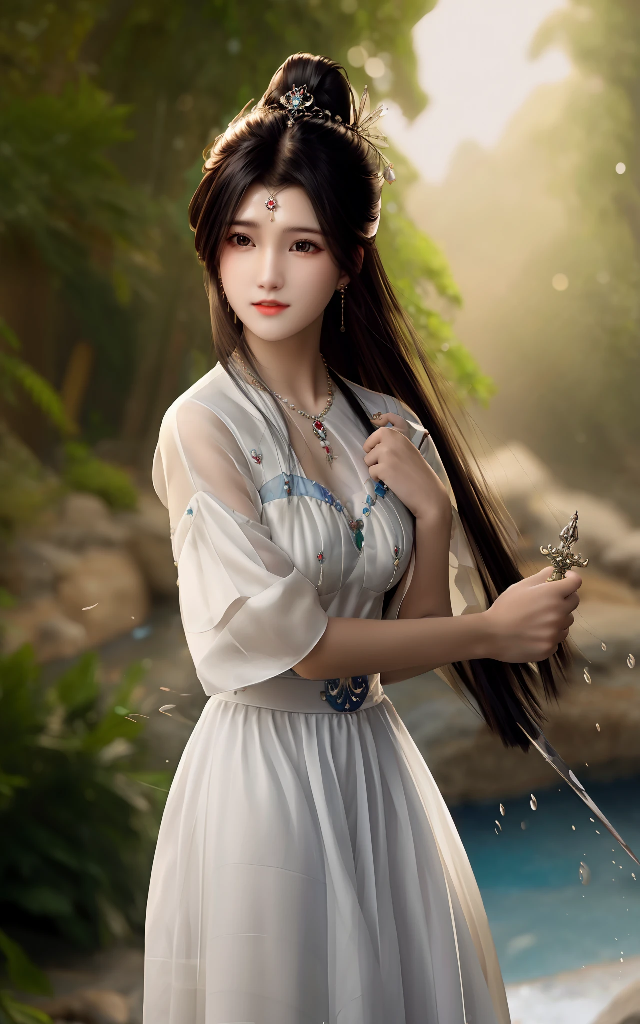 best quality,masterpiece,highres,cg,
1girl,weapon,sword,long hair,dress,water,solo,jewelry,white dress,earrings,hair ornament,splashing,upper body,hair bun,black hair,
lighting,candid,Photograph,high resolution,4k,8k,Bokeh,