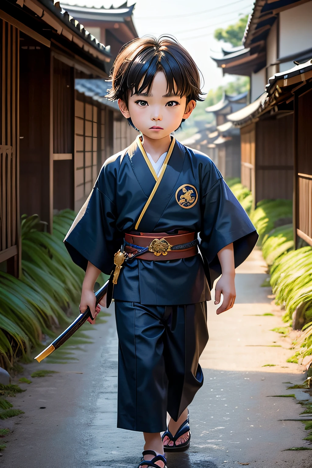 7 year-old boy with short dark chestnut hair, brown eyes, wearing a dark blue kimono with golden family clan symbols, two mini-katanas on belt, serious but slightly confident facial expression walking road between rice fields