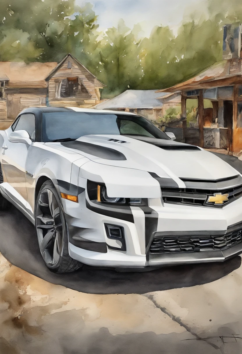 Photorealistic: 1.1 (chevrolet camaro SS from 2010) All white body with black hood, park in front of a hotrodshop, hot girl best quality, sitting next to the hood