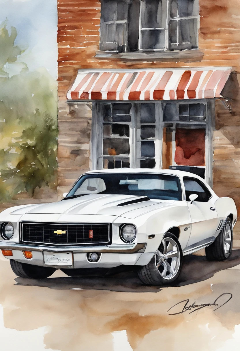 Photorealistic: 1.1 (chevrolet camaro SS from 2010) All white body with black hood, park in front of a hotrodshop, hot girl best quality, sitting next to the hood