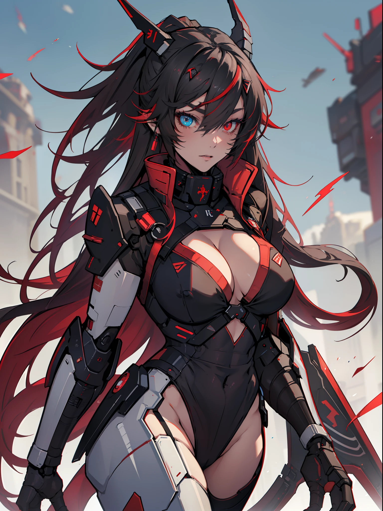 (best quality, Top image quality, 8k, masterpiece, anime) (solo) (black_hair_with_red_and_white_highlights:2.5, very long flowing hair), (heterochromia_eyes_red_and_blue:1.4), thick thighs, (huge breasts:1.3), muscular, (athletic:1.3), cyborg, (android mecha arms:1.4), (android mecha legs:0.7), (High-cut leotard:3.5, high-cut leg:3.5, one-piece:1.9, red:1.5, black:1.5, cleavage), (jacket, black:1.3, red:1.2), (small forward facing black mecha horns:1.1), gauntlet, mecha skin, toned body, (solo) 1 woman (age 30), Katana sword, beautiful, sexy, lucia, Lucia_Crimson_Weave, mecha, cybernetic, android, robot joints, mechanical parts, headgear, mecha musume