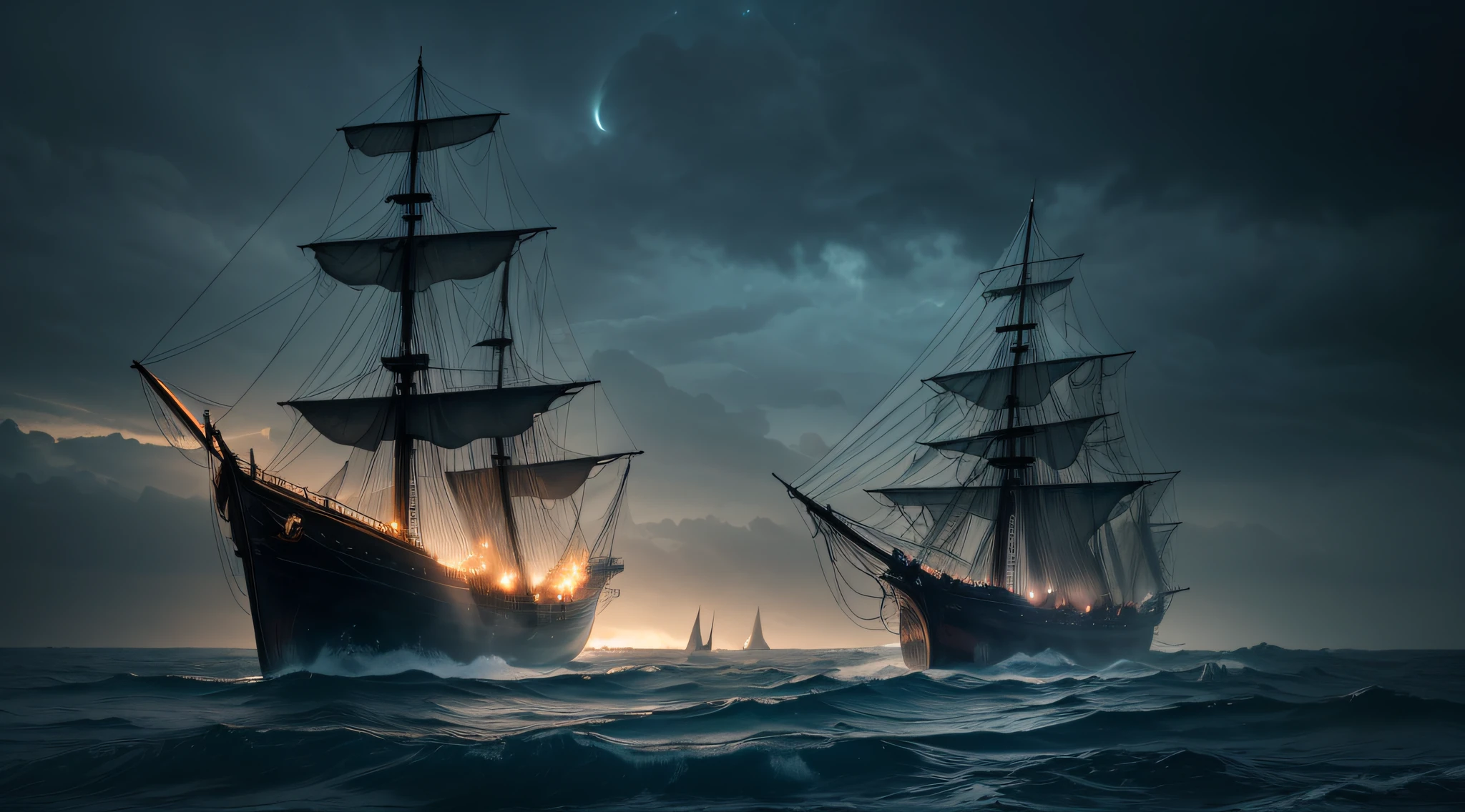 (best quality,4k,8k,highres,masterpiece:1.2),ultra-detailed,(realistic,photorealistic,photo-realistic:1.37),ghost ship,shimmering energy shield,cosmic forces,haunting atmosphere,dark and mysterious,translucent apparitions,otherworldly glow,gloomy skies,spectral figures,waves crashing against the ship,moonlit seas,distant stars,ethereal presence,ancient sailing vessel,weathered sails and rigging,haunted souls,wisps of mist,dramatic lighting,dynamic composition,surreal ambiance,spiritual journey,ominous whispers,luminous orbs,phantom crew,eerie reflection in the water,haunting music echoing through the air,captivating and enigmatic scenery,unseen forces,unfathomable depths,propelled by unknown energy sources,secrets of the universe,revelation of mysteries,breathtaking and awe-inspiring spectacle,ghostly apparitions dancing in the wind.