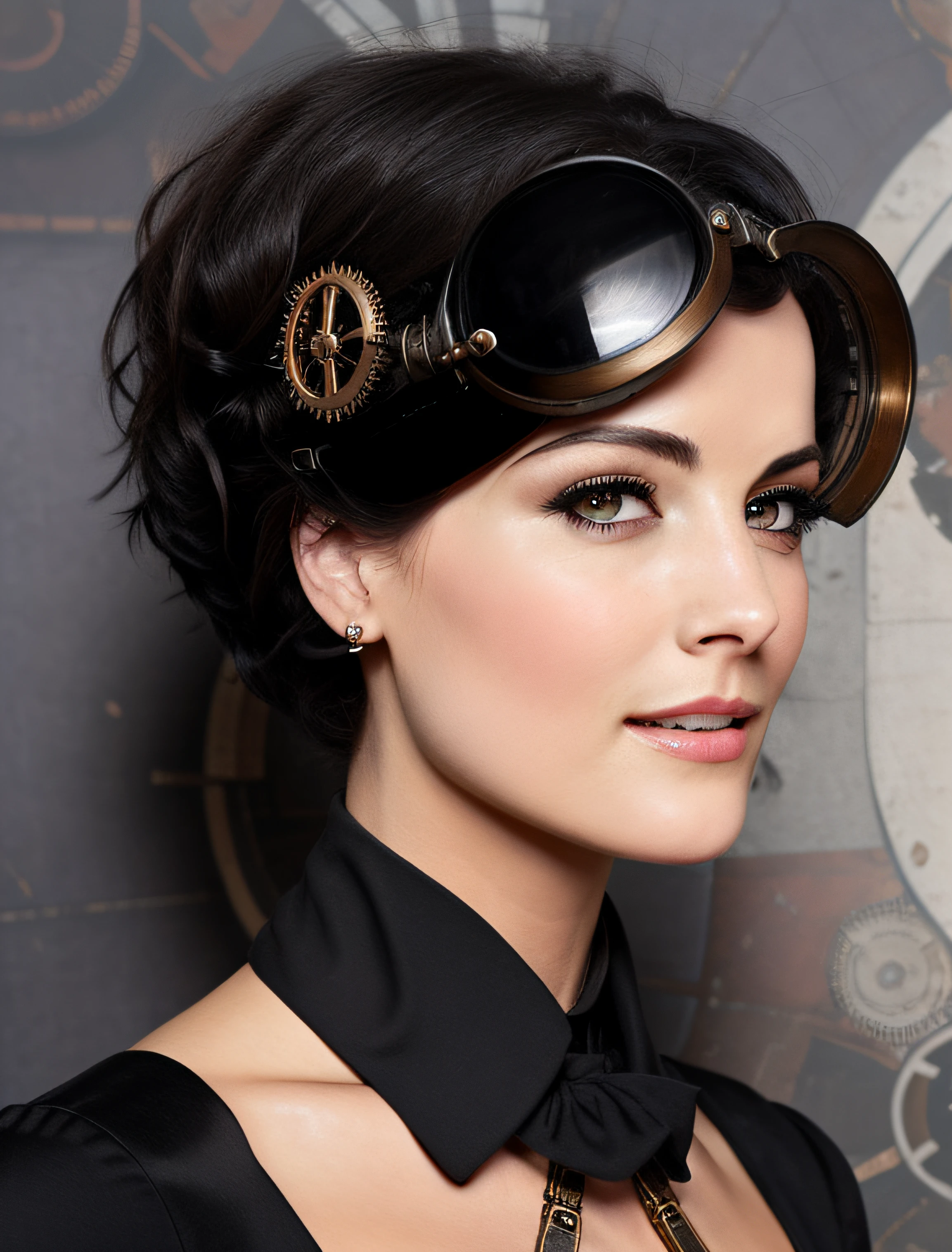 a beautiful woman, looking at viewer, in elegant dress, close up,  (Steampunk), Victorian era , steam-powered machines , gears , goggles steamtrain