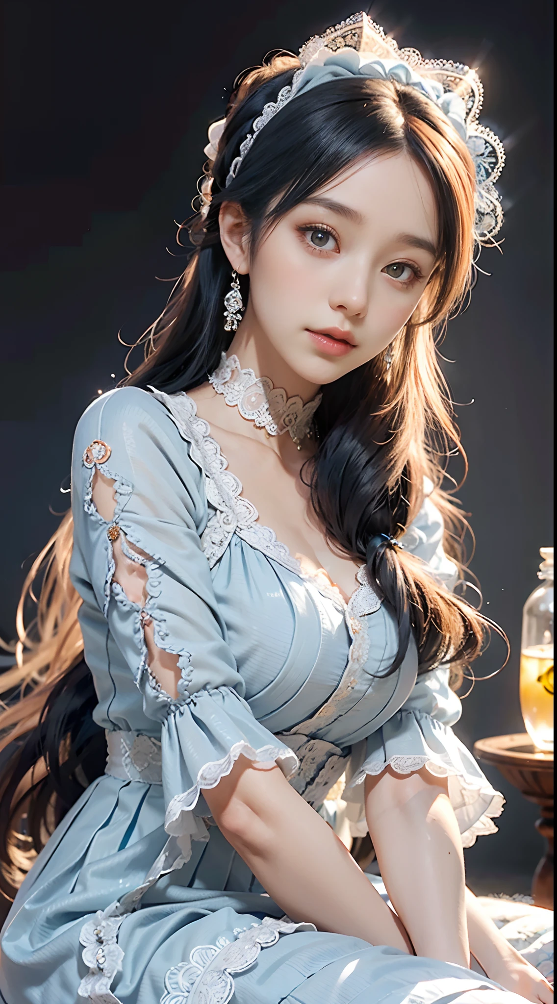 meticulous portrayal of face，1 noblewoman，(Lace orange Lolita maxi dress)，(Long flowing light blue hair)，Exquisite jewelry all over the body，Collar，Anklets，head chain，Lace-trimmed socks，(Lolita shoes)， s the perfect face， perfect hand， Perfect Finger， Perfect lips， perfect  eyes，Extremely normal body， Perfect background