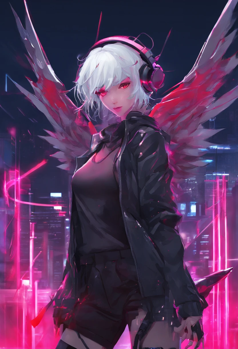 teens girl，White hair，Red glowing eyes, sportrait, photorealestic,（Red and white trench coat），Red scarf，a black pleated skirt，black t-shirts，longer sleeves，（With a hood）Red and white headphones，((Multiple pairs of angel wings))，side-lighting, the wallpaper, NSFW, Depicting female characters from ethereal anime in a high-quality anime art style，(((Hold spears in both hands)))，8K，Red and white shoes with a sense of technology，closeup cleavage