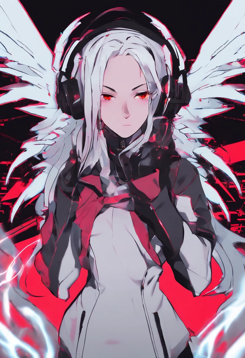 teens girl,White hair,Red glowing eyes, sportrait, photorealestic,(Red and white trench coat),Red scarf,a black pleated skirt,black t-shirts,longer sleeves,(With a hood)Red and white headphones,((Multiple pairs of angel wings)),side-lighting, the wallpaper, NSFW, Depicting female characters from ethereal anime in a high-quality anime art style,(((Hold spears in both hands))),8K,Red and white shoes with a sense of technology,closeup cleavage