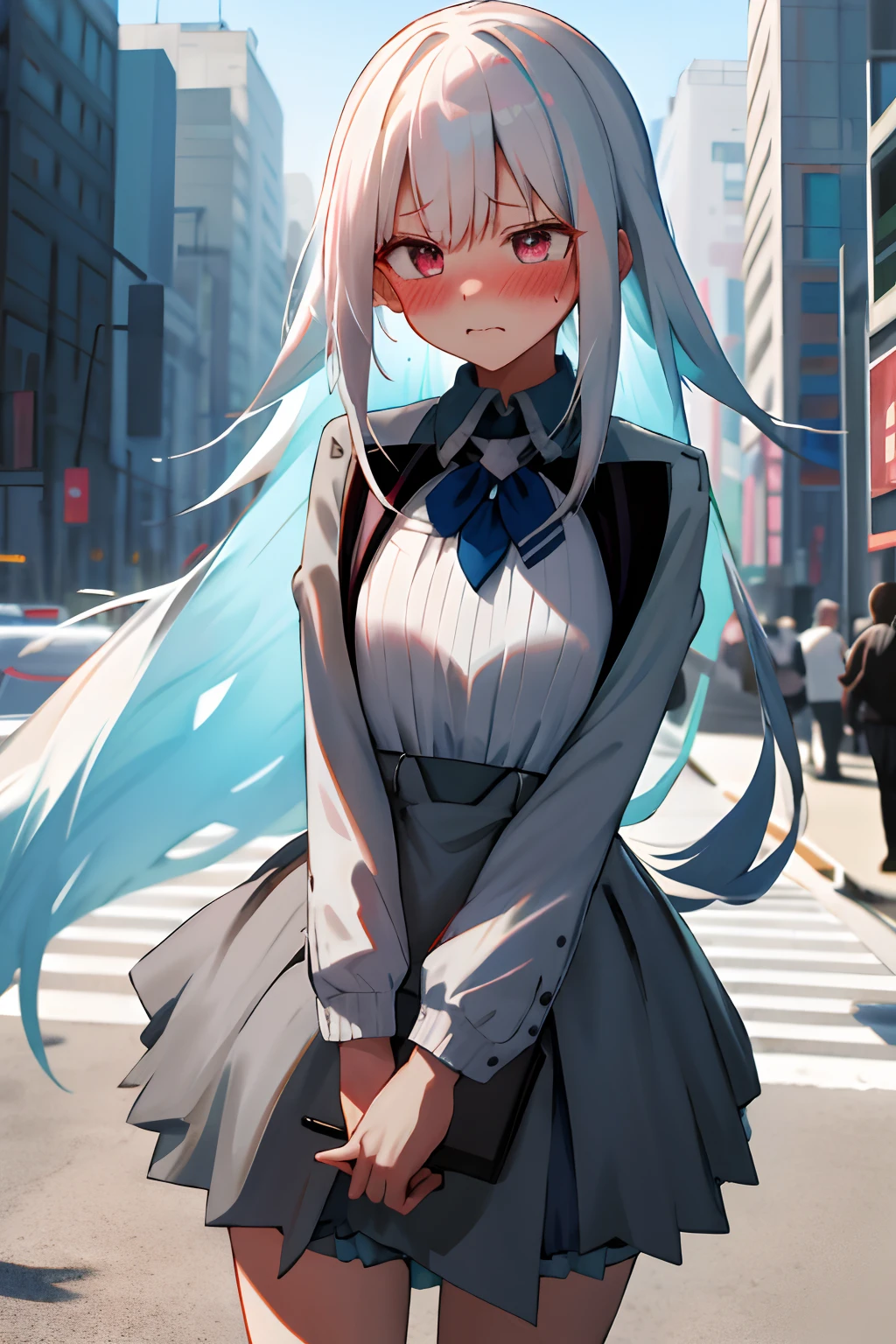 One girl with long hair, white hair, looking away, embarrassed, blushing, mouth small open, outdoor, oversized grey skirt, short skirt, mini skirt, arms in chest