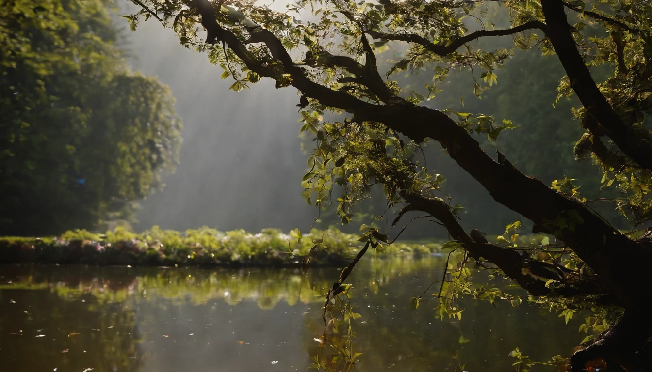 Laurel branches，Burst through the water，Shot at a 15-degree elevation angle for medium and close ranges，petals，Osmanthus flowers flying，Top daylight，Refreshing style