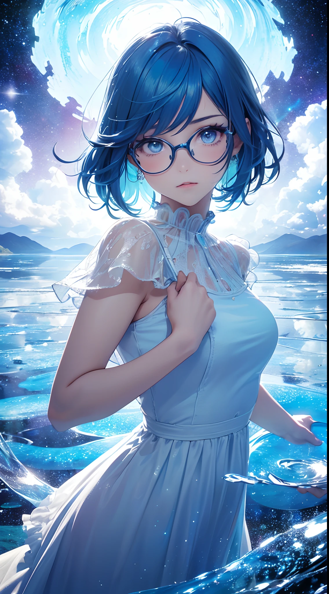 absurderes, hight resolution, (Official art, Beautiful and aesthetic:1.2), (myopia:1.15), (1girl in, Blue hair, Medium Hair, Blue eyes, Bright eyes, long white dress, blue frills,:1.2) Blue sky, Sparkling Galaxy, (Salar de Uyuni:1.2), (Fractal Art:0.8), Water Effects, ripple effects, (Flower Effects: 0.65), Light Effects,
