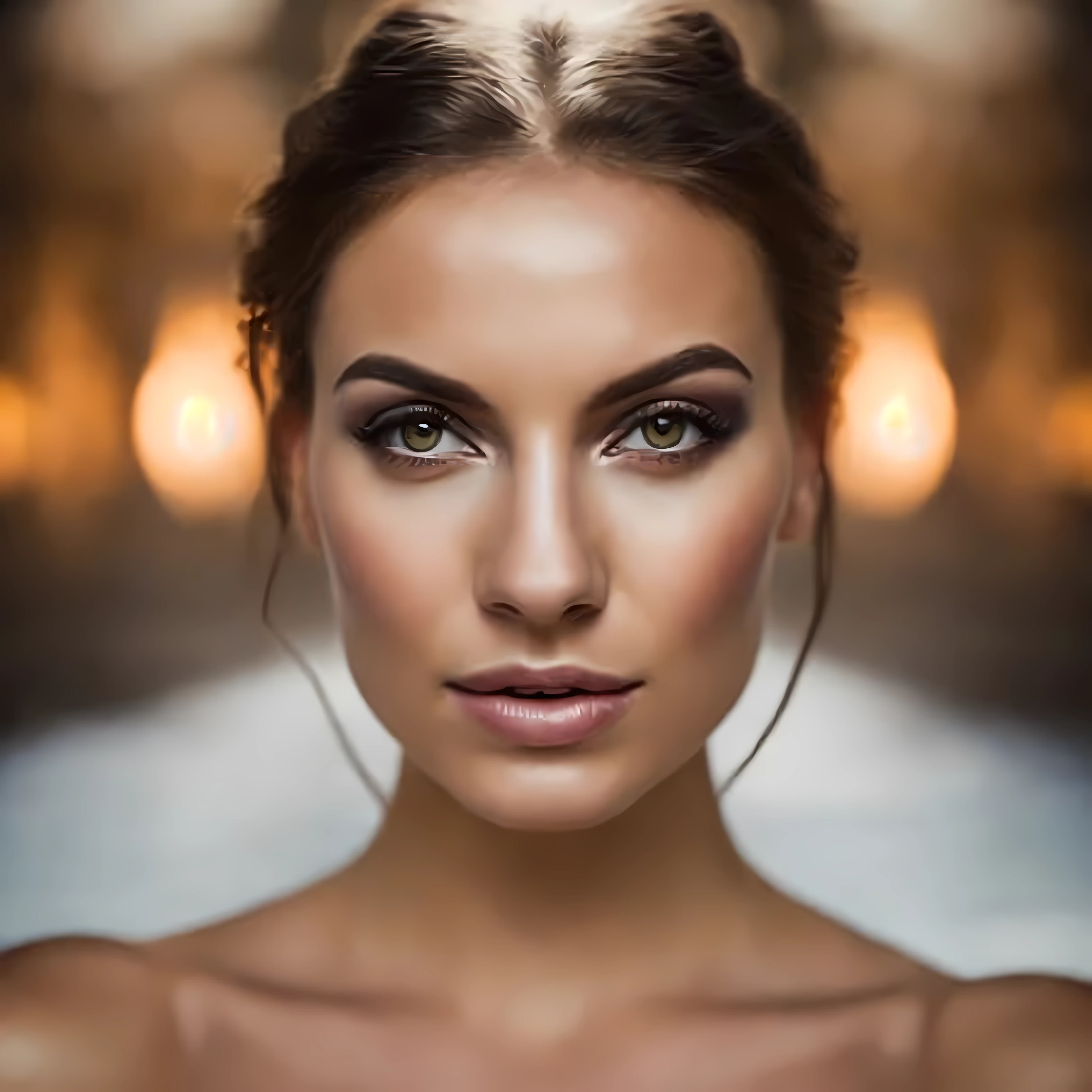 closeup portrait of a young sexy Ukrainian woman with revealing Fit and flare dress in Spa retreat , symmetrical face,  Outdoor lighting, Brooding atmosphere, sharp eyes