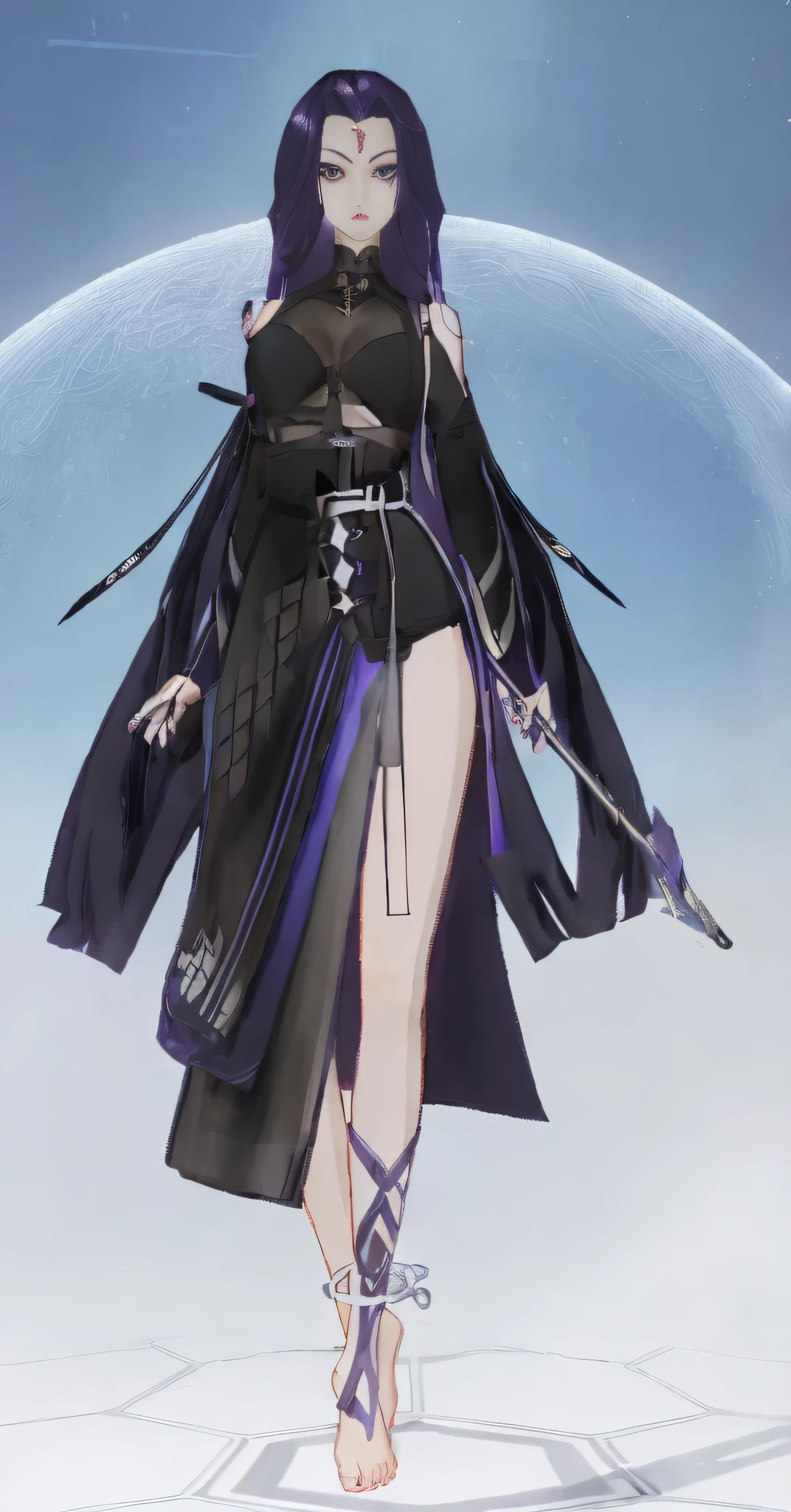 schoolgirls，Holding a purple-black flute in his hand，Barefoot，Dressed in translucent black，The forehead has dark purple triangular metal threads，cabelos preto e longos，style of anime，cropped shoulders