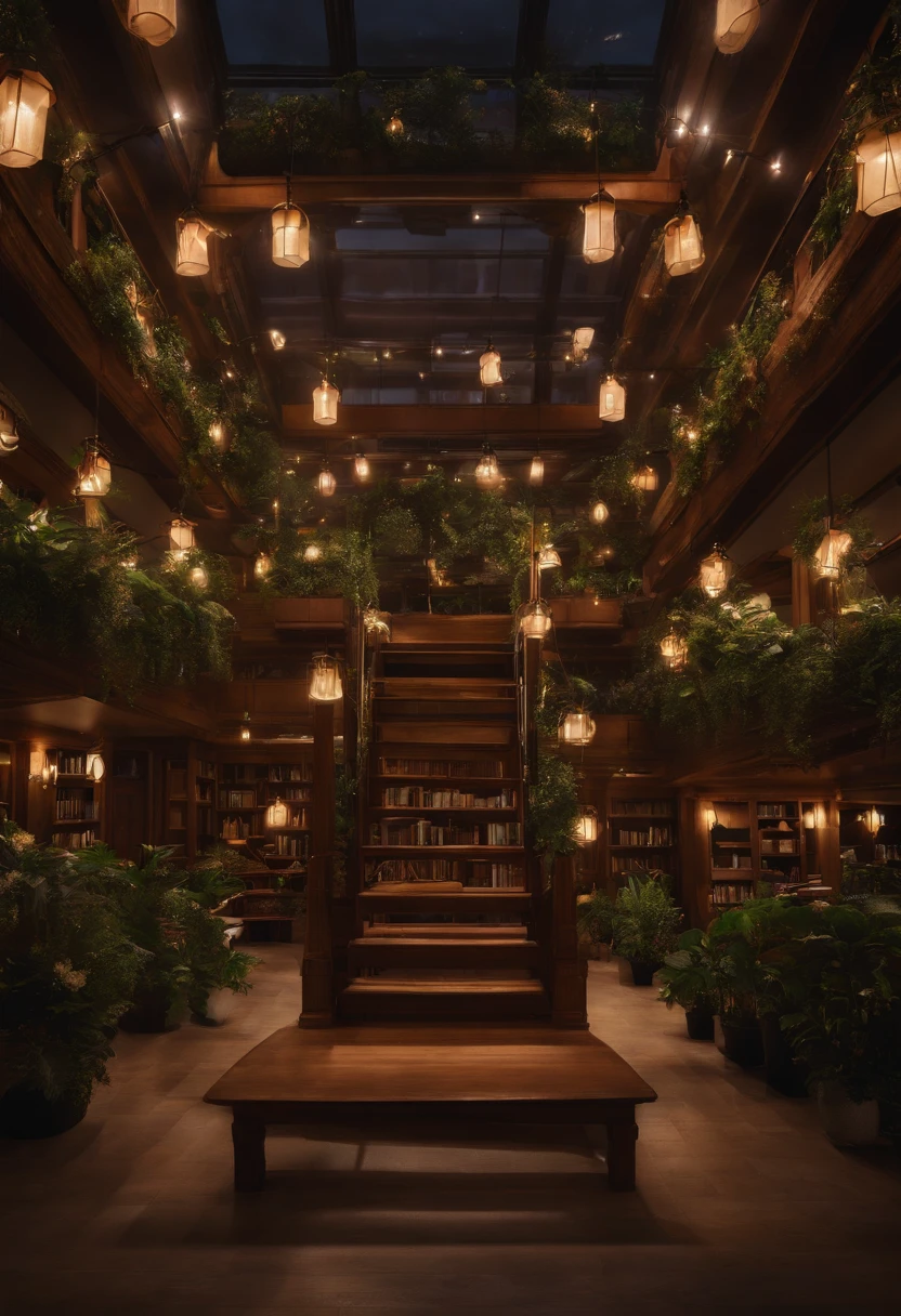 libraryai，Rotating ladder，fresh flowers，Greenery，hanging lights，the night，glowworm，light wind，hyper-detailing，Aggregate shape，Character details portrayal，中景 the scene is