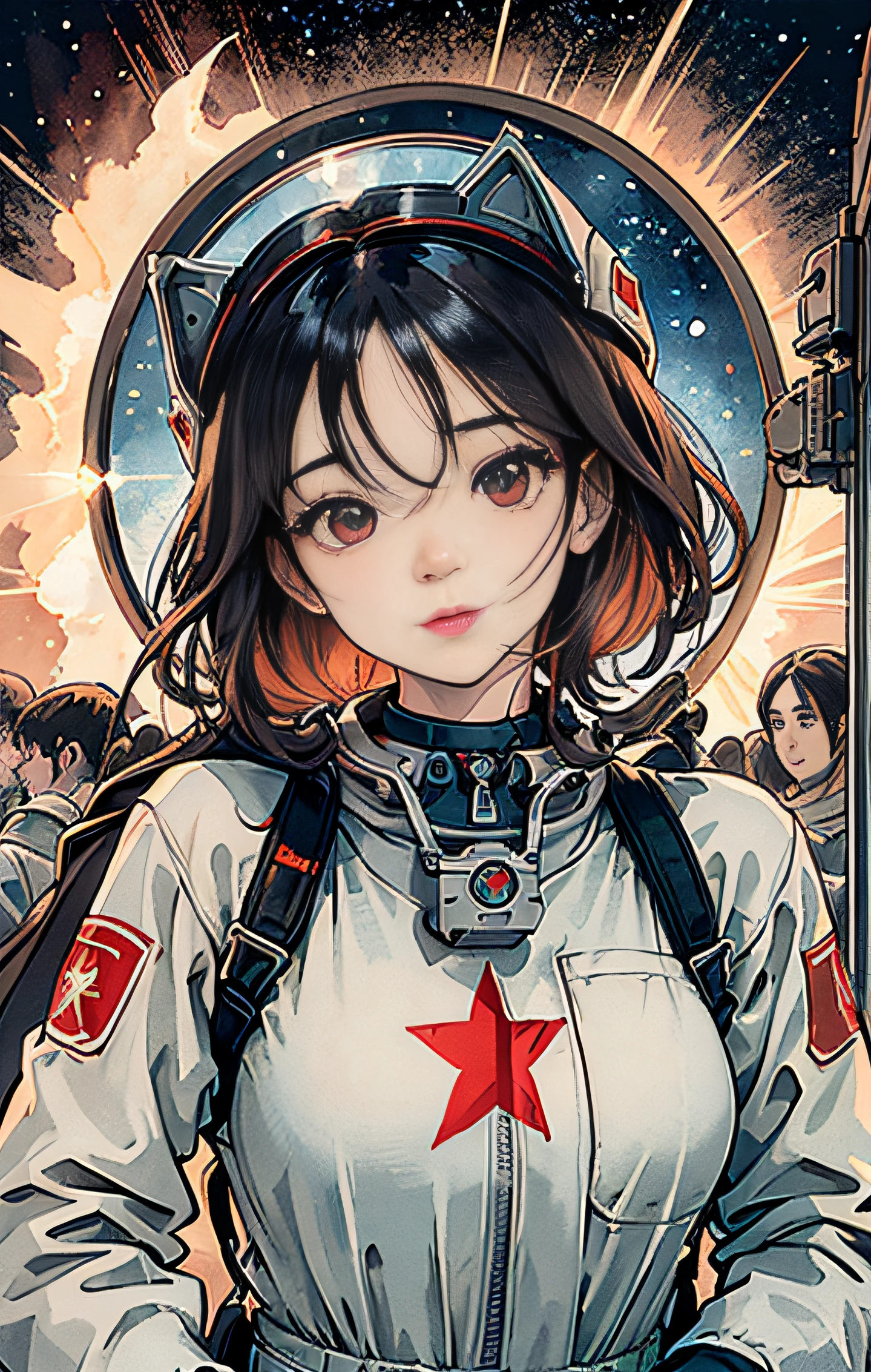 1Girl,flat_pectorals,Cute,Beautiful detailed eyes,shiny hair,You can see it through the hair.,Hair between eyes, CCCPposter, sovietposter,Red monochrome,USSR Poster, soviet,communism,
black_heads,red_eyes,Vampire,teenage,Middle breast,space suit:orange_Clothing_Body:jumpsuit),white_glove, white_space shoes, white_helmet, CCCP red letter on the top of the helmet, zero gravity, sidelit, reflection, The person in the spacesuit is in the lower left corner of the frame, The right hand is outstretched, The right hand gently touches the Salyut space station), Space station in the upper right corner of the screen, Light reflected from the sun, Silver metal,red flag, brilliance,Soviet style, diffuse reflection, Metallic texture, The vista is the blue earth,in mecha style,Sea of Stars,Treble, majestueux