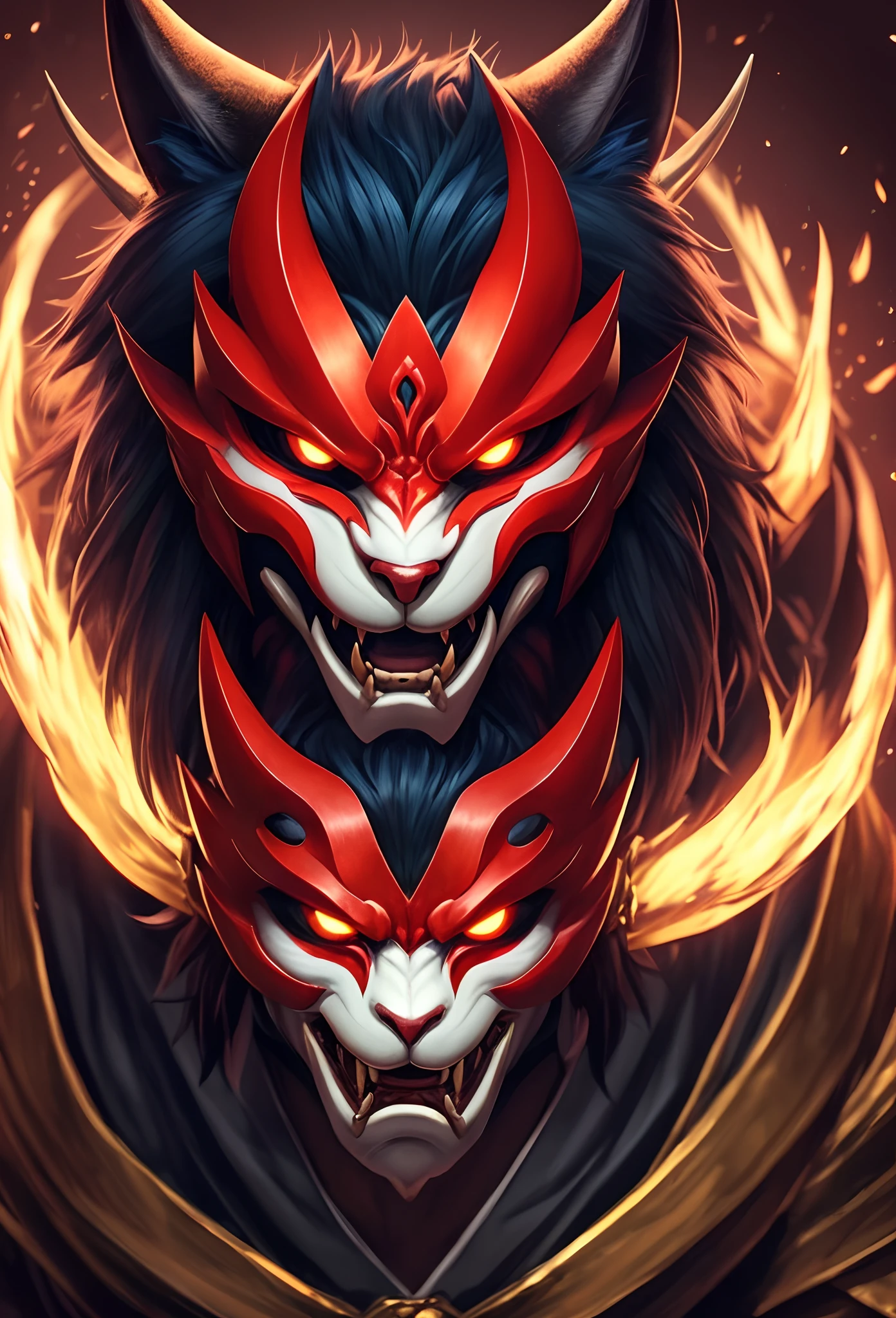 a close-up of a cartoon character with a demon face, demon cat, villain with a red oni mask, demon samurai warrior, cat with a demon mask, oni horns, handsome boy in the art of killing demons, demon cat neon, handsome japanese demon boy, cat mask demon, demon hunter art style, oni mask, onmyoji portrait, onmyoji detailed art, oni