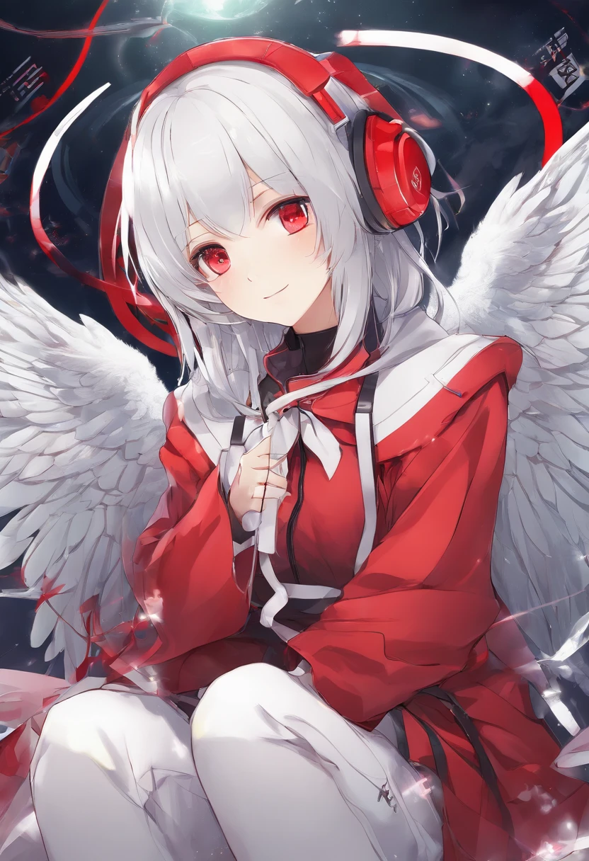 teens girl，White hair，Red glowing eyes, sportrait, photorealestic,（Red and white trench coat），Red scarf，a black pleated skirt，black t-shirts，longer sleeves，（（With a hood））Red and white headphones，((Multiple pairs of angel wings))，side-lighting, the wallpaper, NSFW, Depicting female characters from ethereal anime in a high-quality anime art style，，，8K，Red and white shoes with a sense of technology，Tech-enabled headphones