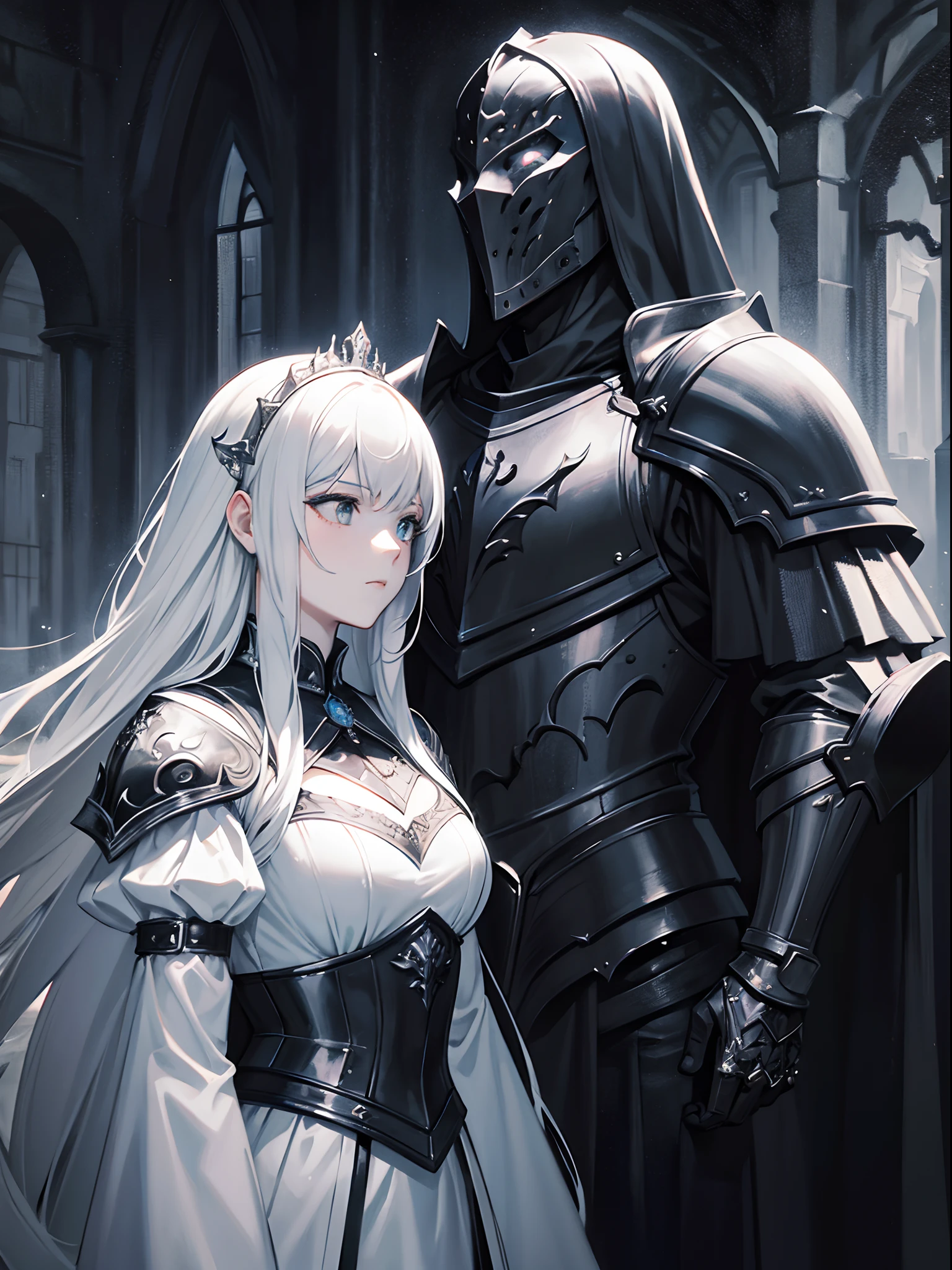 a black knight with a white princess,portraits,traditional painting,realistic art,detailed armor and clothing,gloomy atmosphere,medieval landscape,moonlit scene,high-contrast lighting,romantic setting,subtle color palette