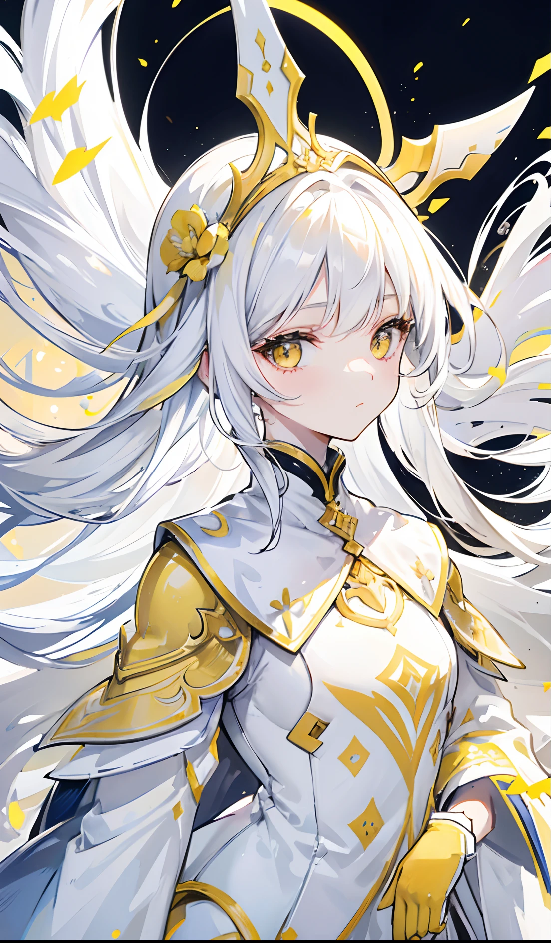 Yellow-white hair covered her long face like a helmet,Make his long face look like a small one,Lovely white clothes,It complements a variety of shades of yellow,There is a delicate makeup,shining face,Exquisite,Brilliant,Golden eyes,Feel like a sweet girl