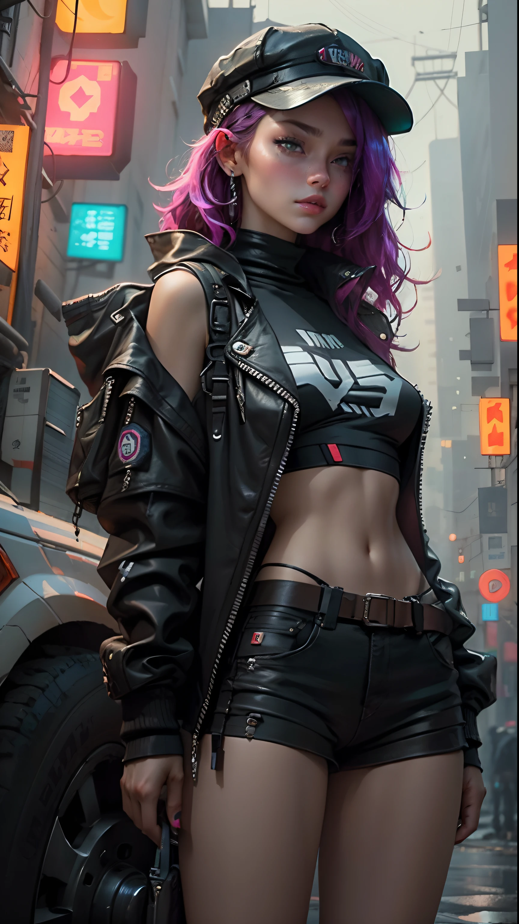 Beautiful woman medium hair, wearing cap, cyberpunk style short clothes