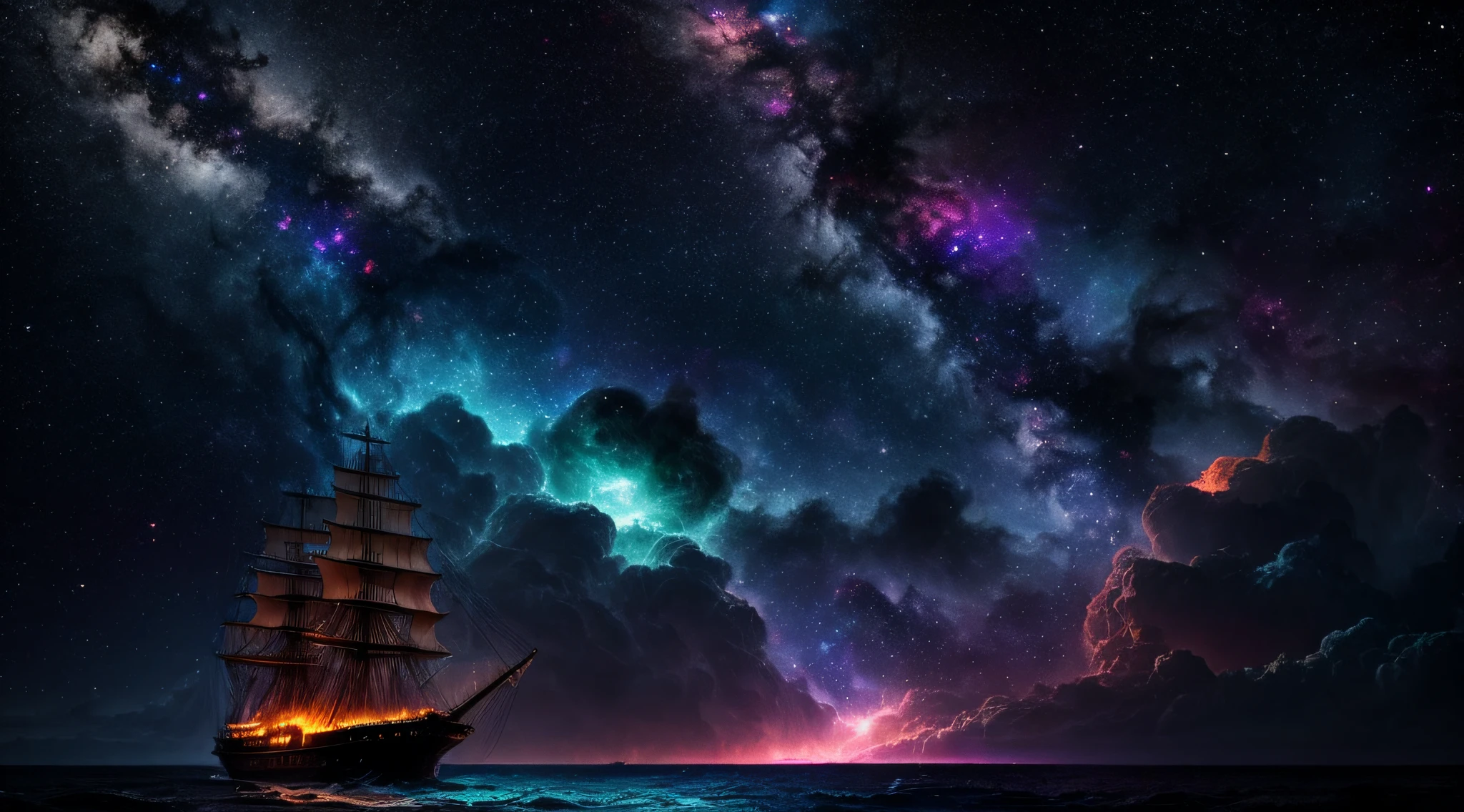 Ghost ship sailing through a nebula, with colorful gases and cosmic clouds enveloping it.