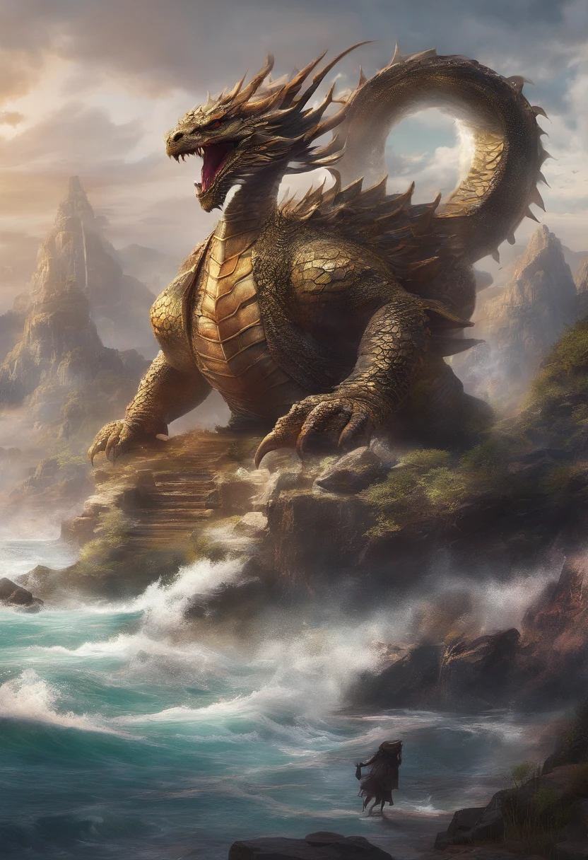 Dragon turtle（Heavy tortoiseshell shell，faucet，The long tail of the snake），tosen，Huge waves，China-style，oc rendered，super-fine，Hyper-realistic，Ultra photo realsisim，high qulity，8K high resolution，ultra - detailed