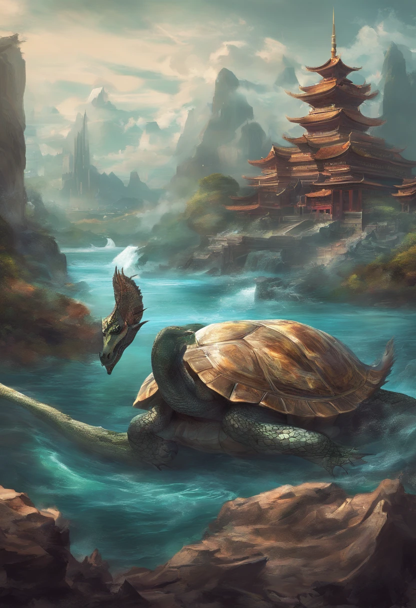 Dragon turtle（Heavy tortoiseshell shell，faucet，The long tail of the snake），tosen，Huge waves，China-style，oc rendered，super-fine，Hyper-realistic，Ultra photo realsisim，high qulity，8K high resolution，ultra - detailed