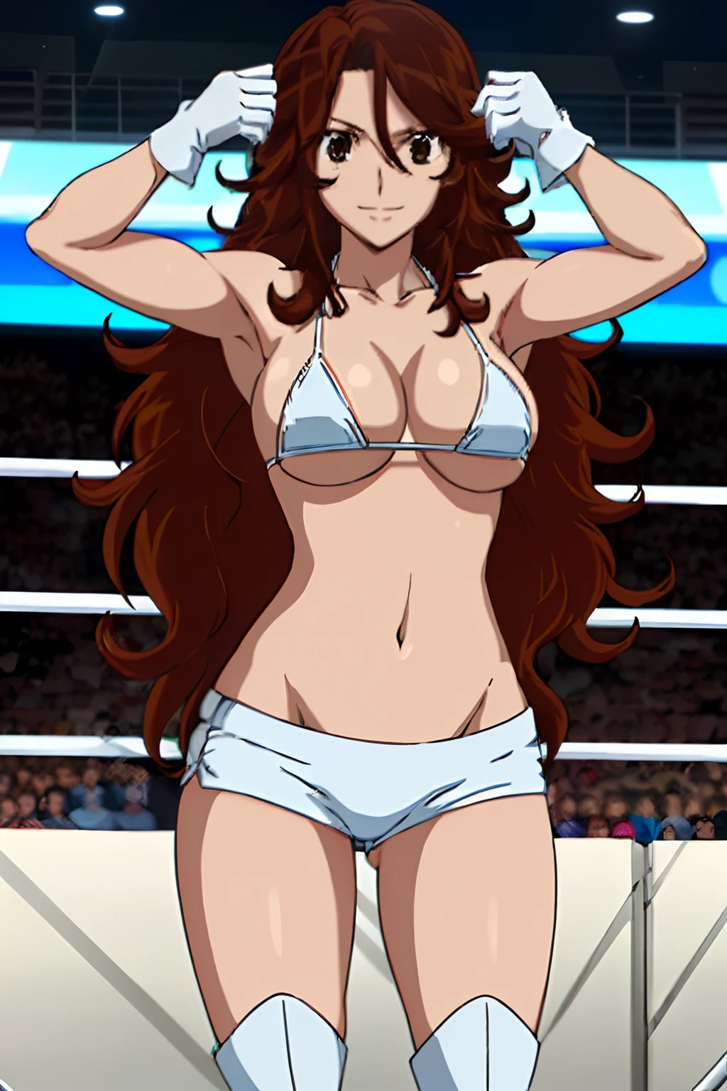 cowboy shot, upper body view, anime style: 1.8, anime drawing, ultra detailed face, ultra detailed body, 4k, Sumergai Lee Noriega, (standing), best quality, anime style, hires, highest definition, digital blending, bold drawing lines, ((slender body, female wrestler), (location: wrestling arena, crowds watching), (weak body, slender body, broad shoulders, slim arms, little biceps, thighs), ((white micro bikini, shorts, groin, white boots, white gloves, collar)), victorious, winner, smile, , (big breasts), (big eyes, brown eyes), (warming up), (brown hair, loose hair, curly hair, wavy hair, long hair, missy hair), 27 years old, tilting body