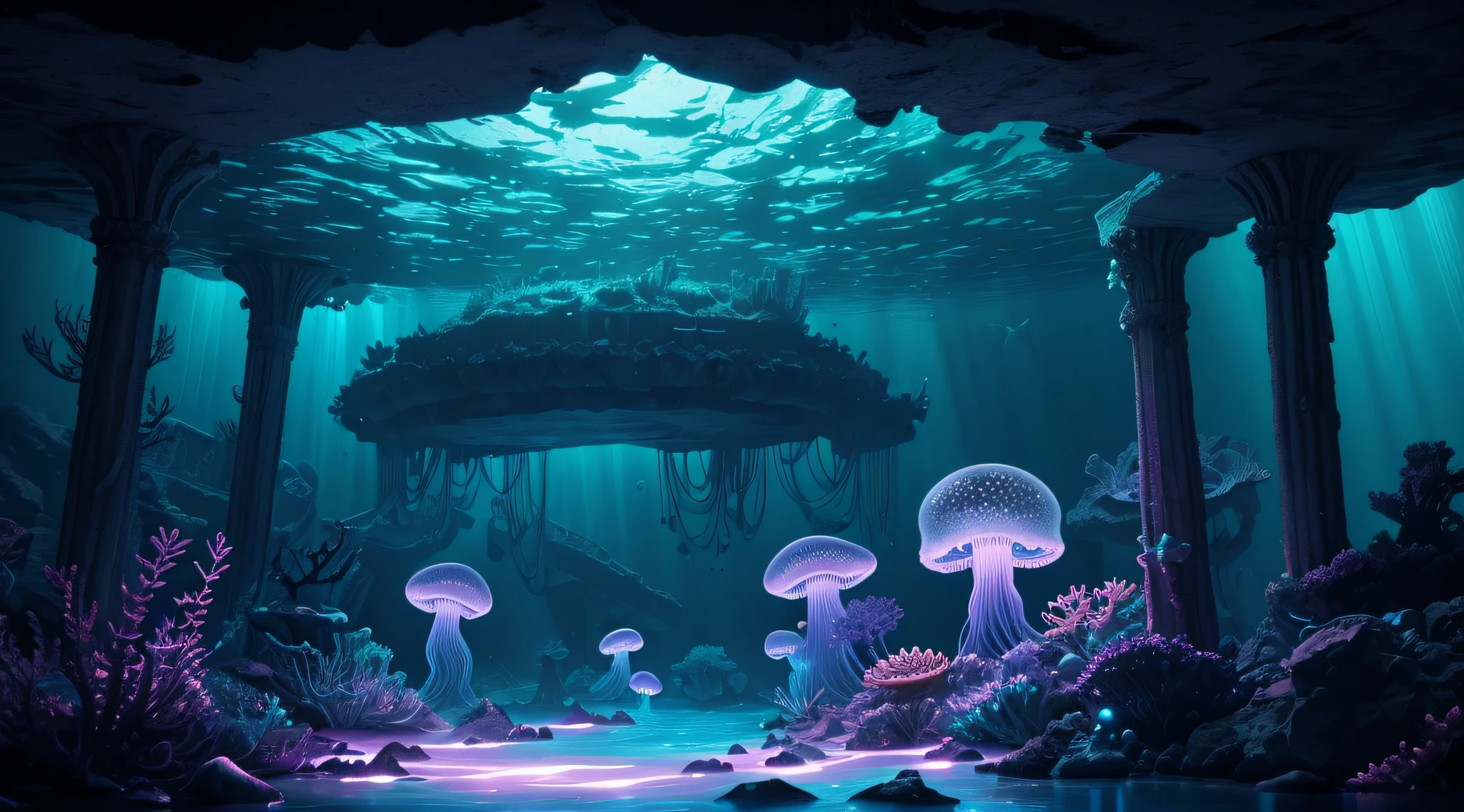 Alien creatures swimming around the ghost ship in a phosphorescent, underwater alien world,(best quality,4k,8k,highres,masterpiece:1.2),ultra-detailed,(realistic,photorealistic,photo-realistic:1.37),neon colors, vibrant shades, ethereal lighting, mesmerizing reflections, eerie atmosphere, hauntingly beautiful, mysterious depths, otherworldly spiraling vines, glowing starfish and jellyfish, bioluminescent plants, surreal shapes, ancient ruins submerged under the sea, mystical aura, eerie silence, captivating and surreal.
