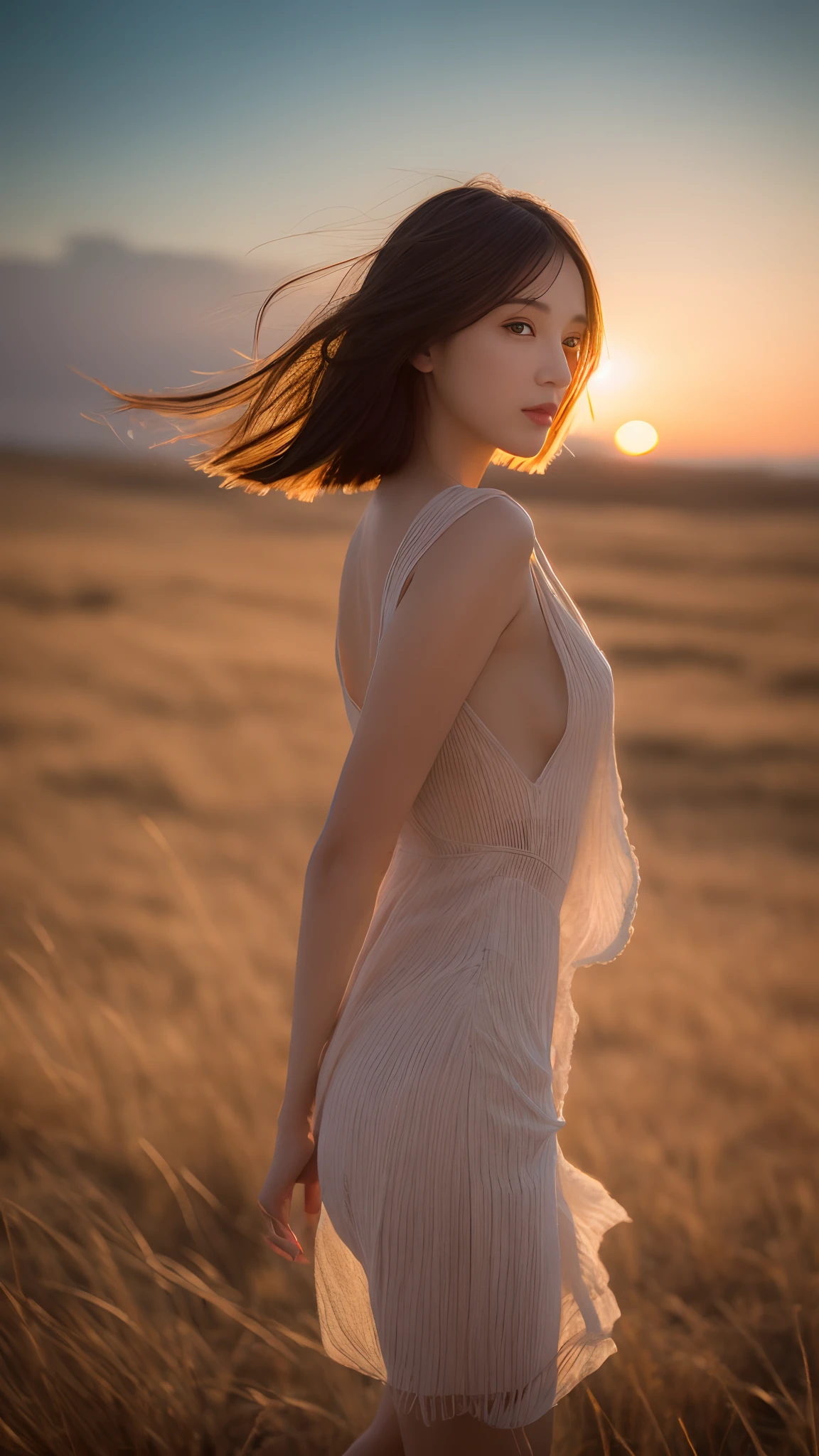 (a masterpiece), maximum quality, ultra detailed model, a beautiful delicate Asian model, tight short dress, short and beautiful hair in the wind at dusk, dynamic tones, vibrant colors, depth of field lens, soft light shining through the hair.