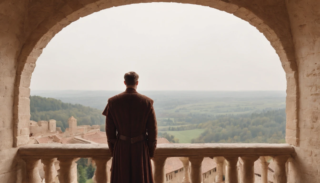 man standing on castle balcony, headless