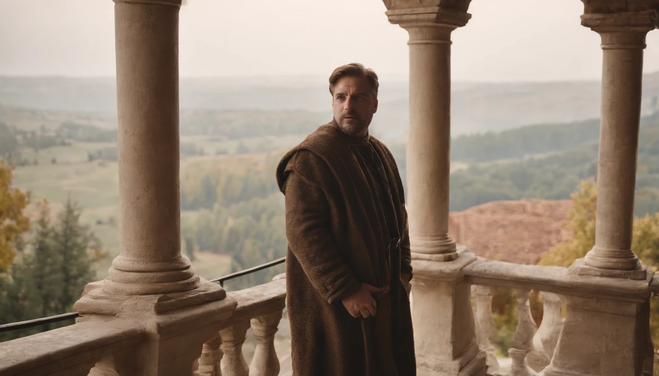 man standing on castle balcony, headless