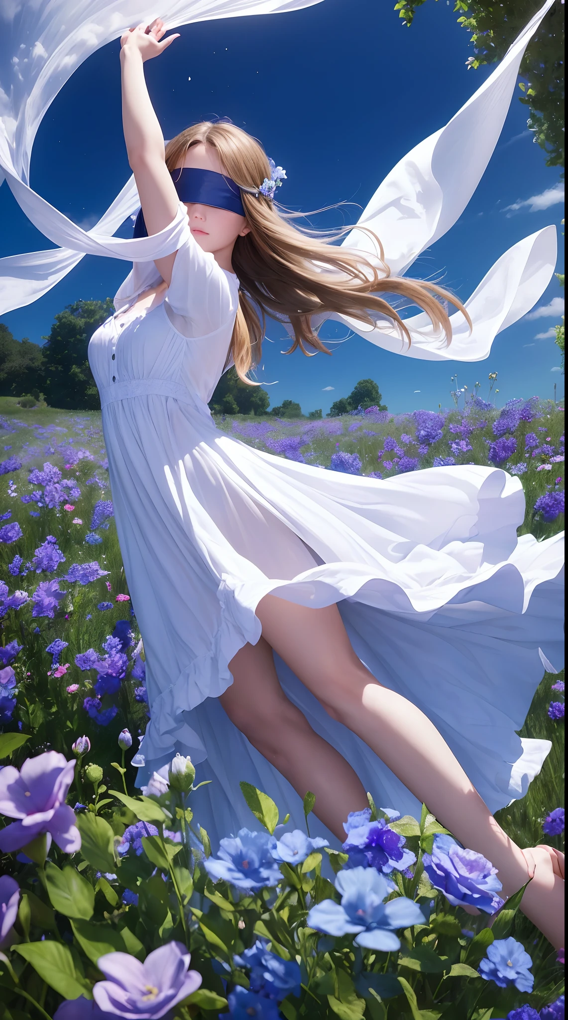 (best quality, 4K, high resolution), a girl in a garden, blindfolded, feeling it with her arms, gently caressing the petals she encounters, connected to nature and beautiful blue flowers, a hint of purple in her white dress, surrealism, holding a wind blade.